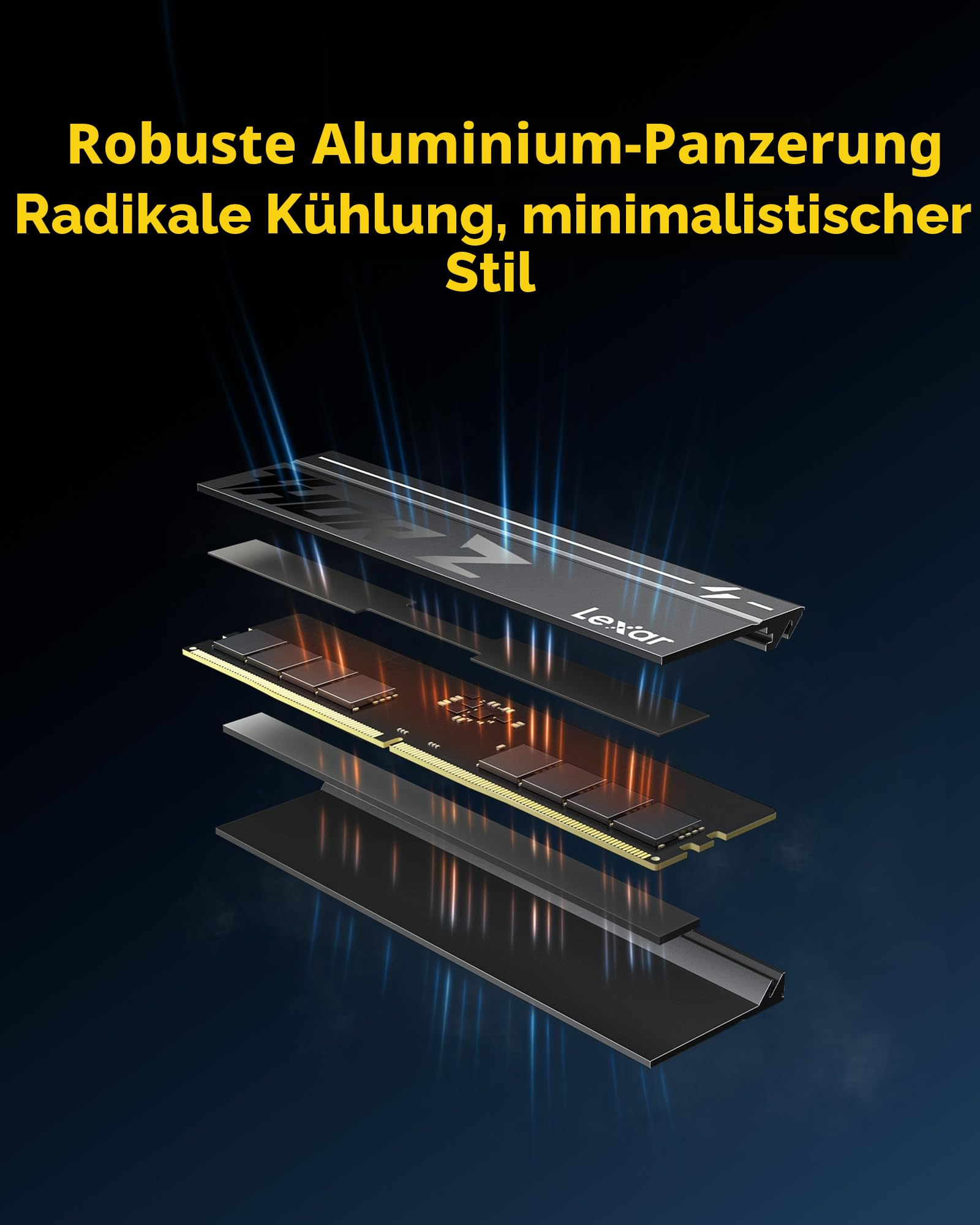 Vue éclatée d'une barrette de RAM Lexar avec refroidissement en aluminium.