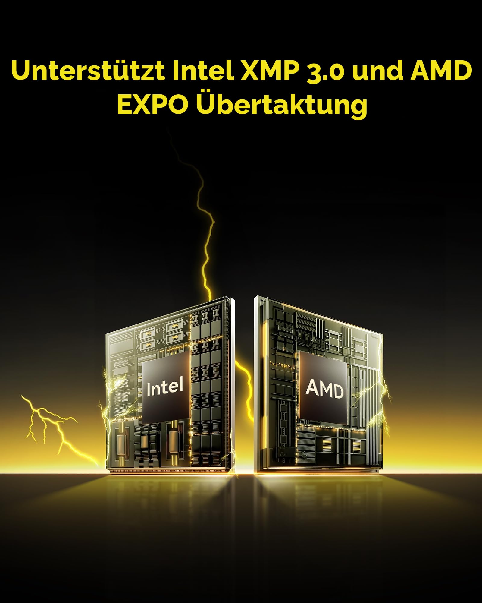 Processeurs Intel et AMD sur fond noir avec des éclairs jaunes et du texte concernant la prise en charge Intel XMP et AMD EXPO.