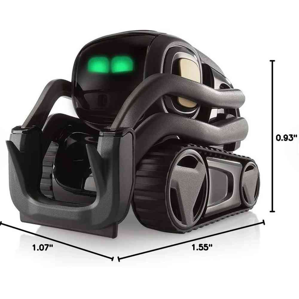 Yeşil yanan gözleri ve paletleri olan küçük siyah robot, 0.93", 1.07" ve 1.55" ölçü oklarıyla birlikte.
