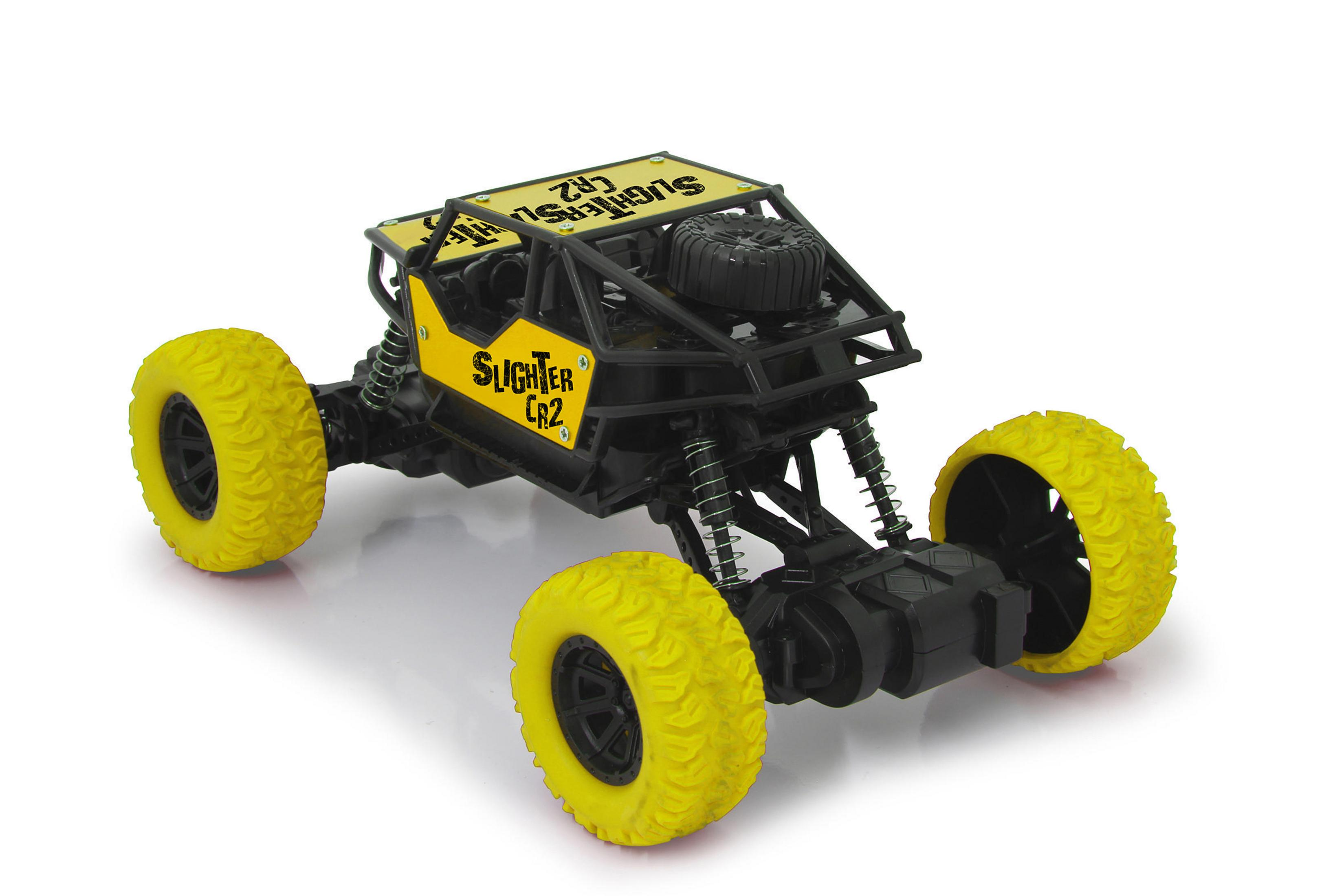 Ein schwarz-gelbes RC-Rock-Crawler-Spielzeugauto mit großen Reifen und freiliegender Federung auf weißem Hintergrund.