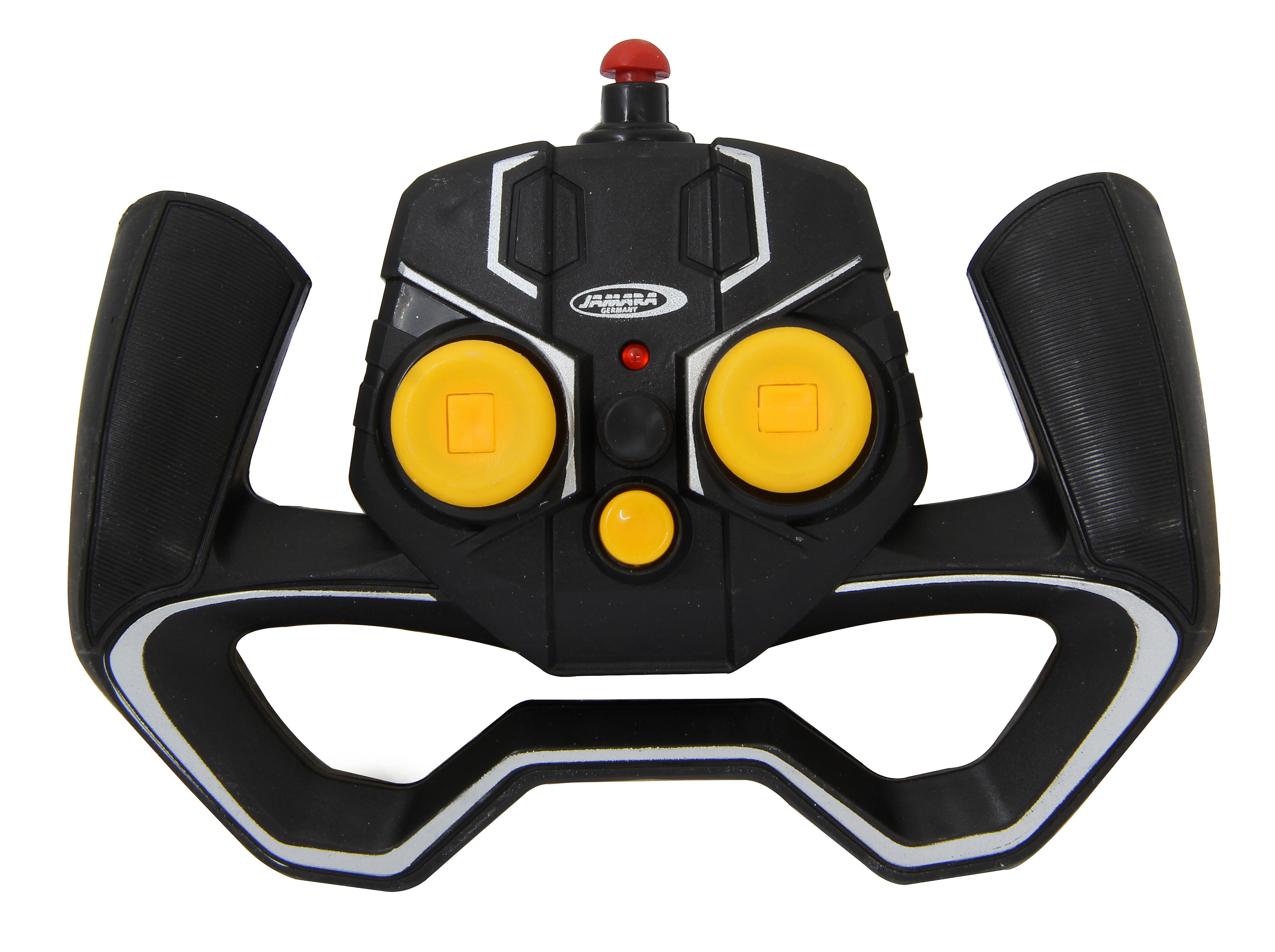 Schwarze RC-Fernbedienung mit zwei gelben Joysticks, einem roten Knopf und Griffe auf beiden Seiten.