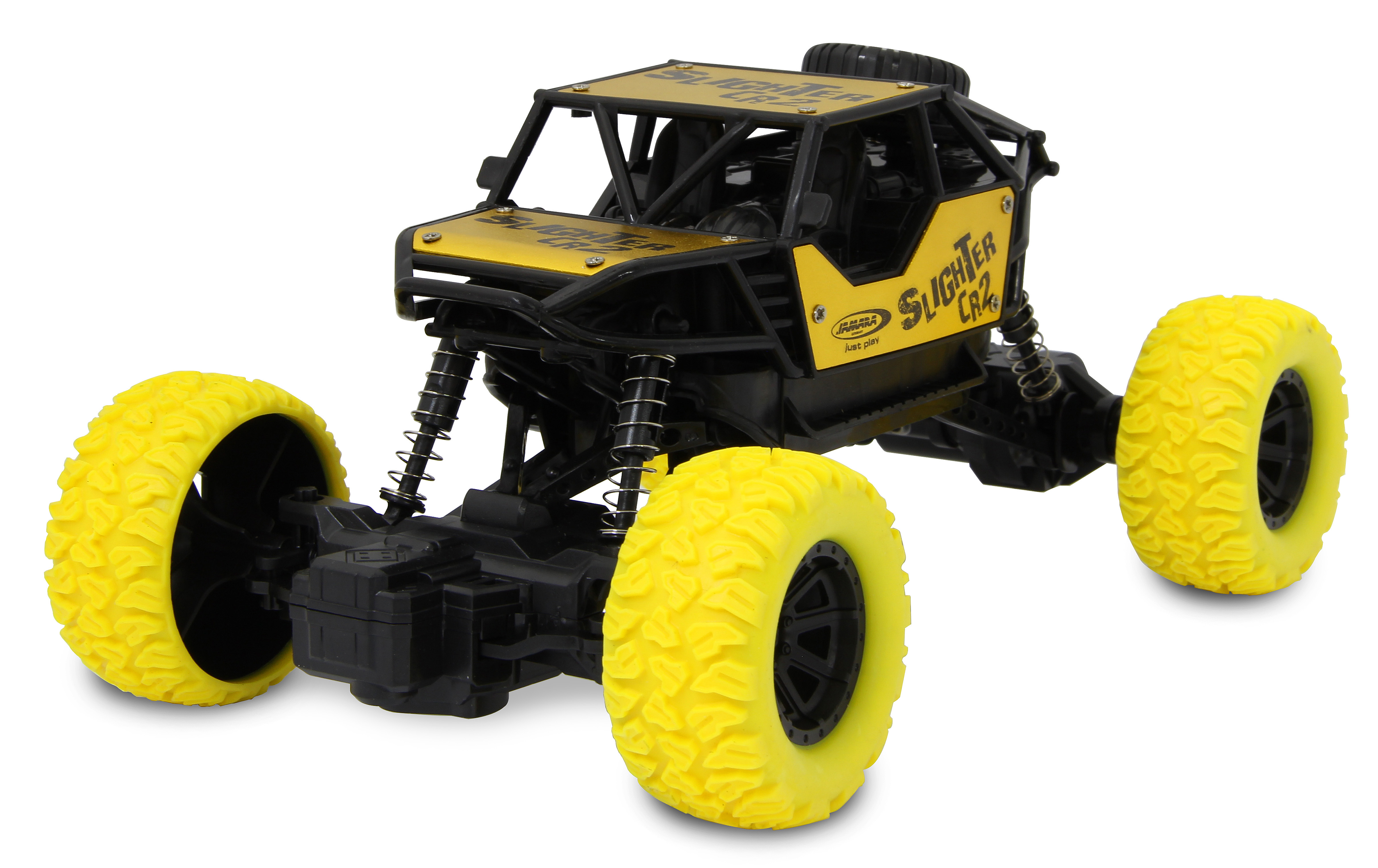 Ein schwarz-gelbes RC-Crawler-Auto mit großen gelben Reifen und sichtbaren Stoßdämpfern vor weißem Hintergrund.