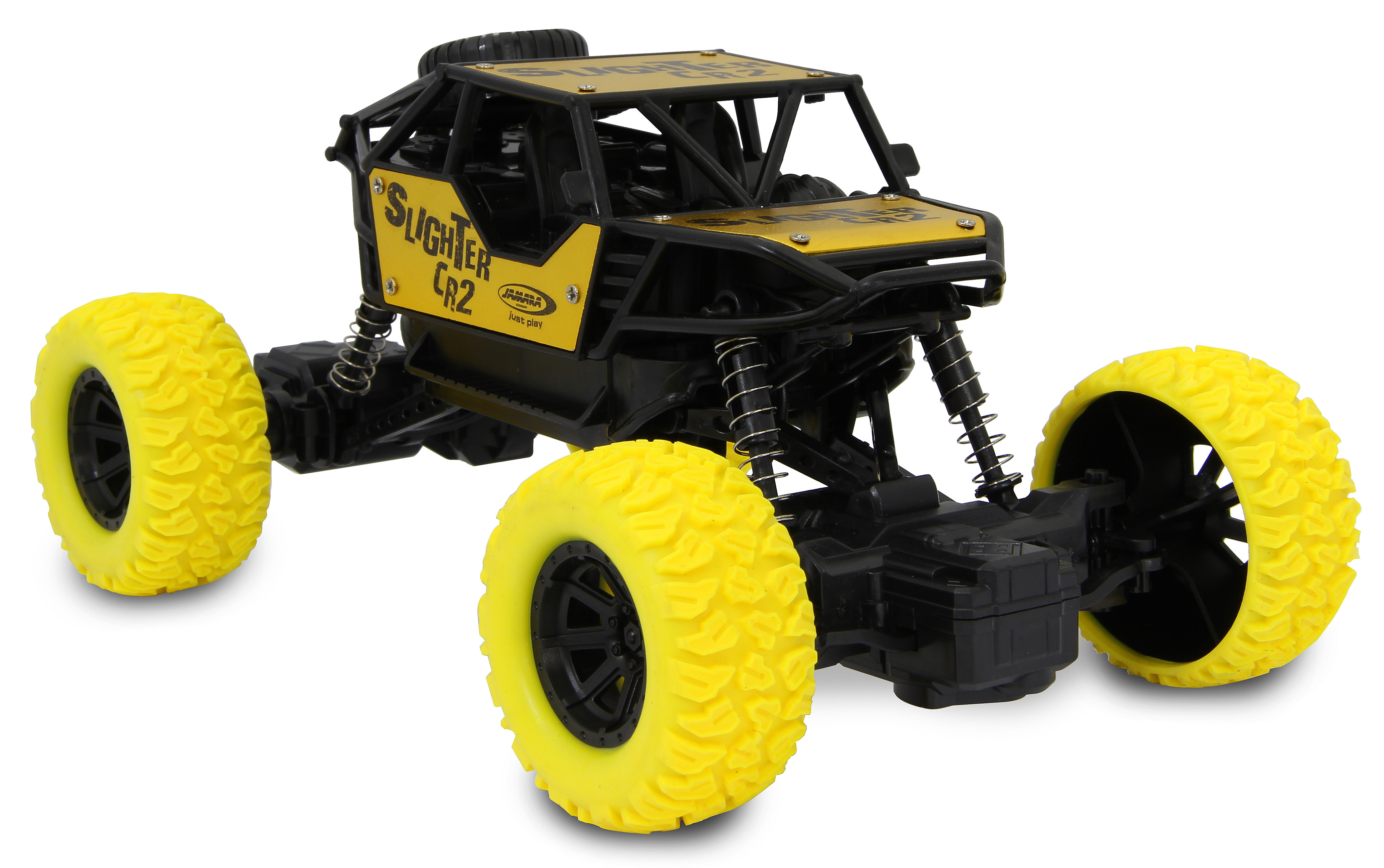 Ein schwarz-gelbes ferngesteuertes Offroad-Spielztauto mit großen Stollenreifen und sichtbaren Federungen.