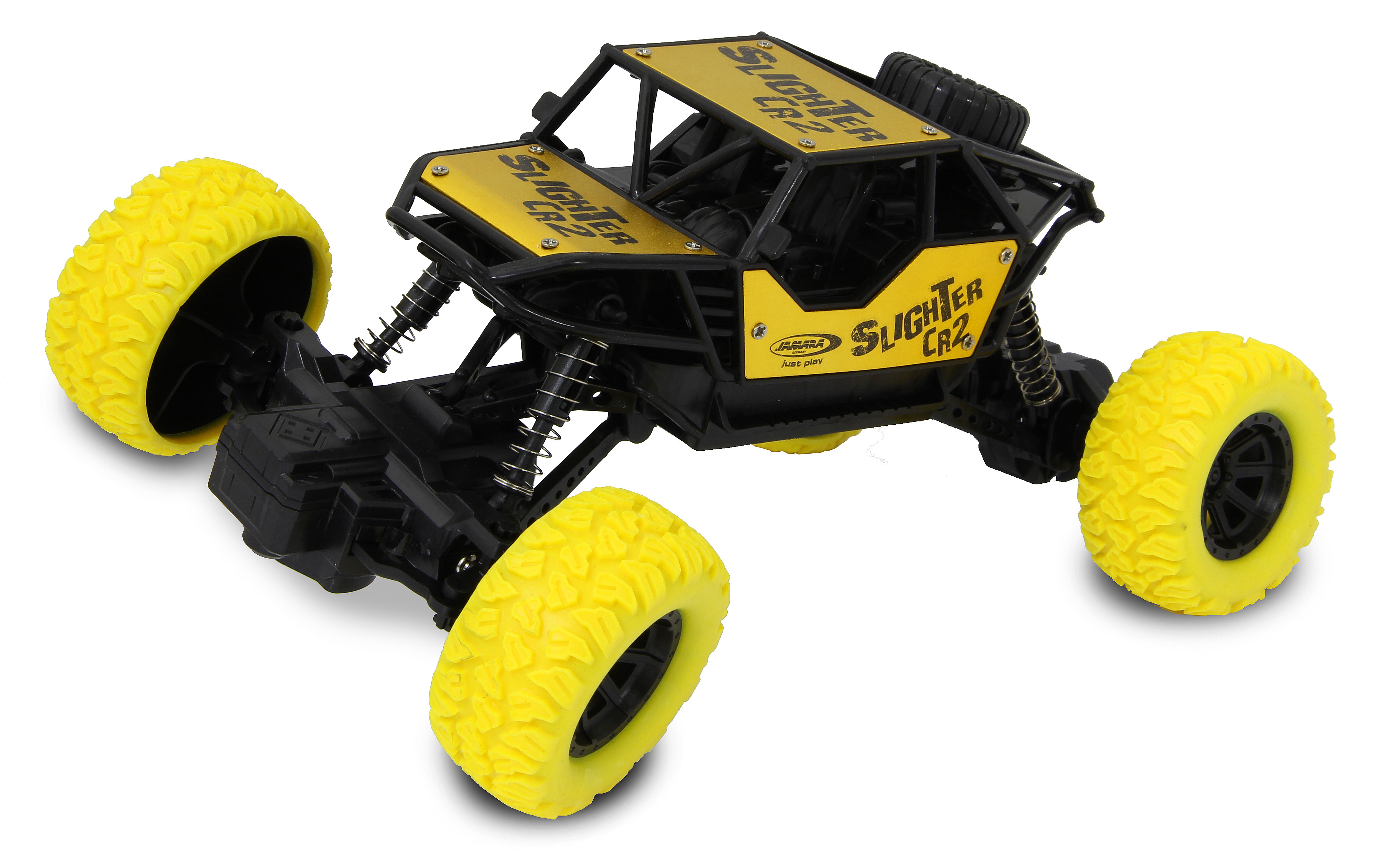 Ein schwarzes RC-Auto mit gelben Rädern und Aufschriften.