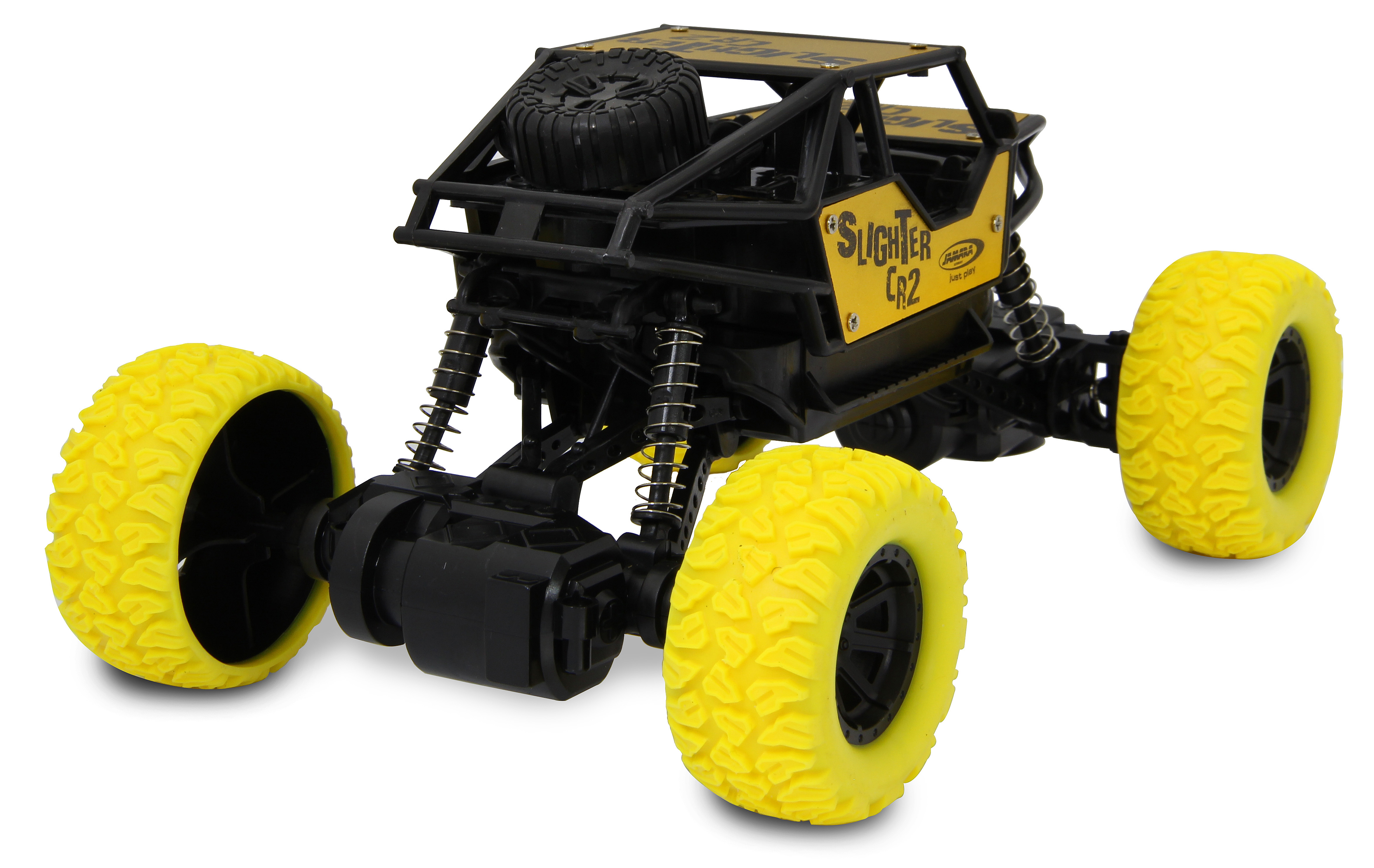 Ein schwarz-gelbes RC-Crawler-Auto mit großen gelben Reifen und sichtbaren Federungen auf weißem Hintergrund.