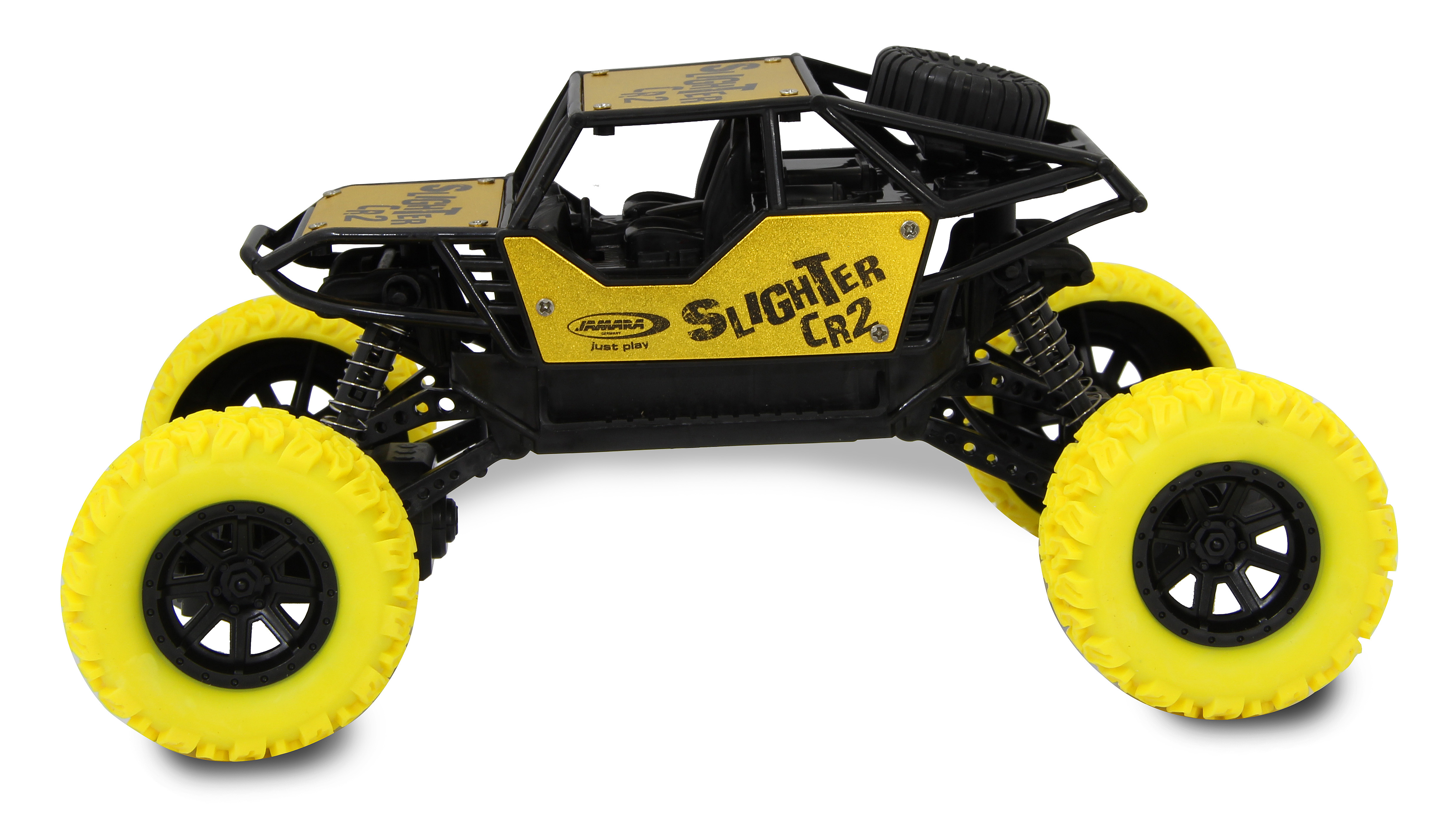 Ein schwarzes RC-Auto mit gelben Rädern und Aufschriften.