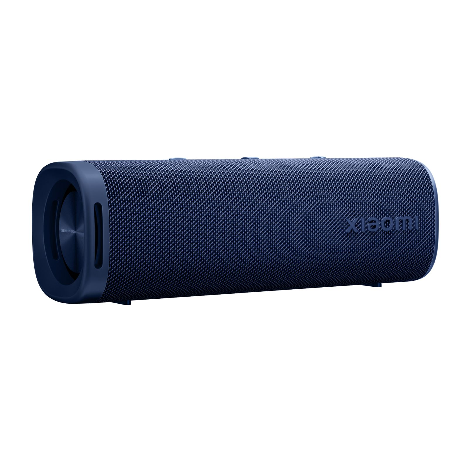 Un altoparlante Bluetooth Xiaomi cilindrico blu su sfondo bianco.