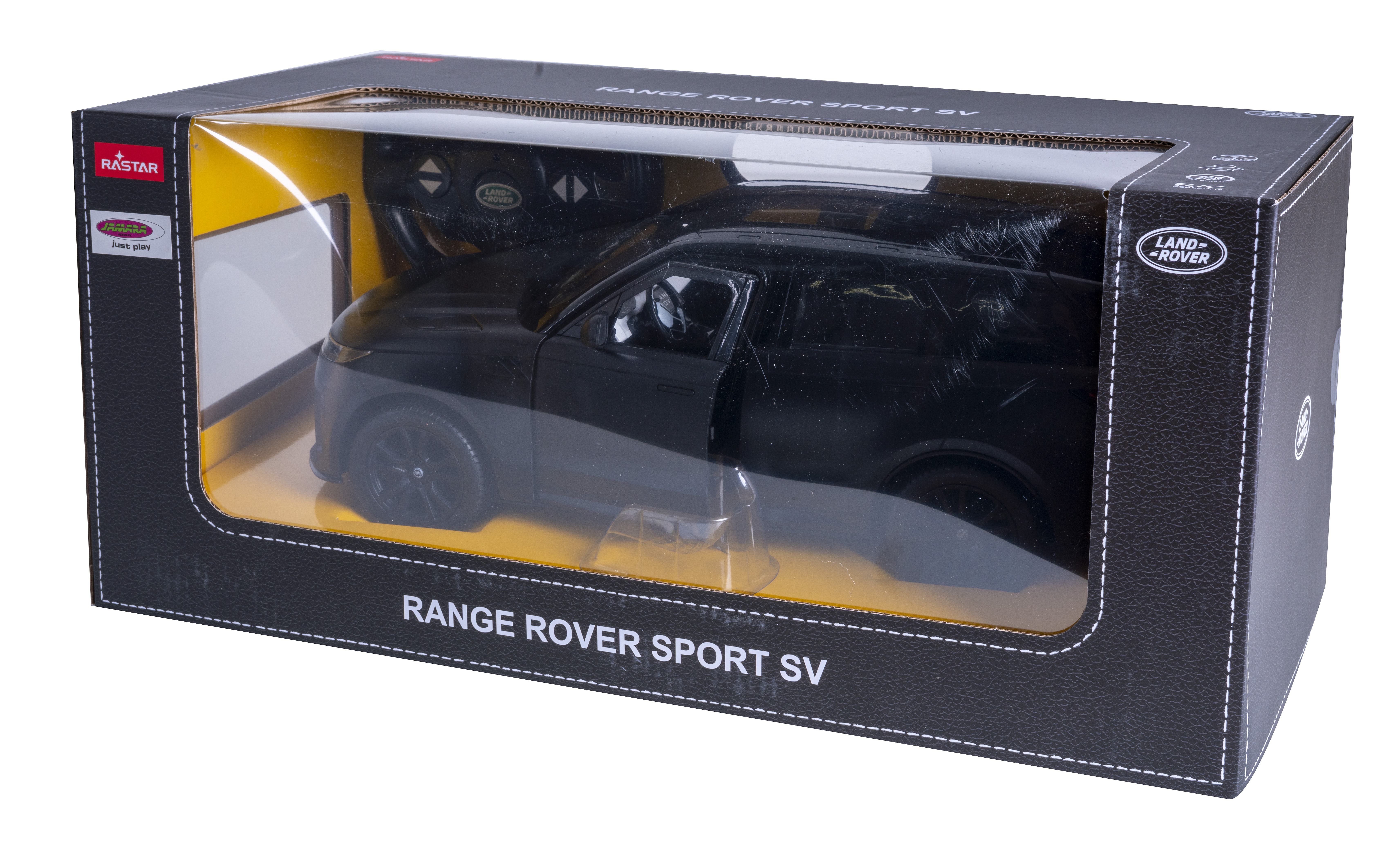 Ein schwarzes Range Rover Sport SV Spielzeugauto in einer schwarzen Vitrine mit Sichtfenster.