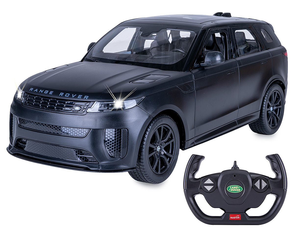 Ein schwarzes Range Rover Modellauto mit beleuchteten Scheinwerfern und einer schwarzen Lenkrad-Fernbedienung.