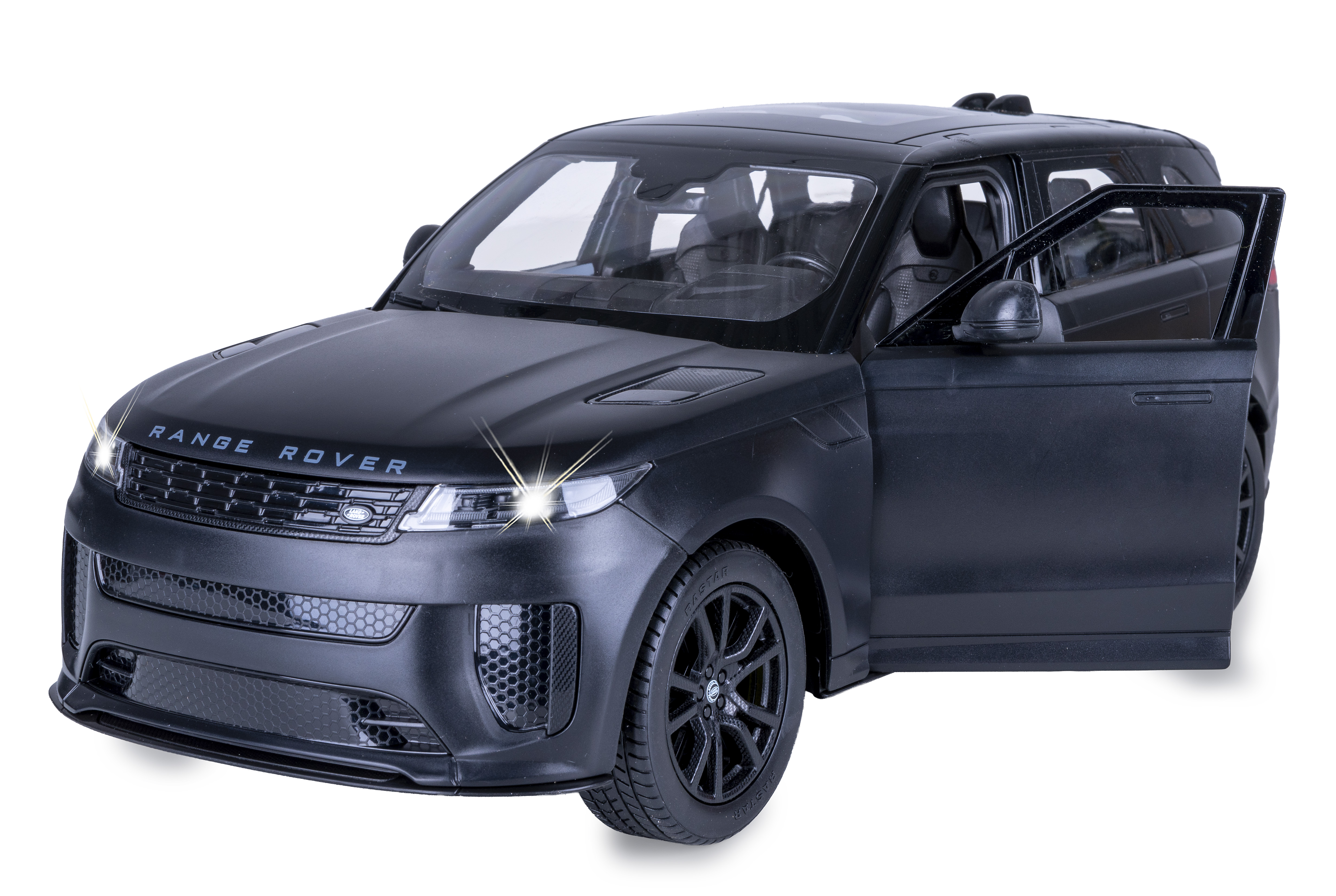 Ein schwarzes Range Rover Modellauto mit geöffneter Vordertür und eingeschalteten Scheinwerfern.