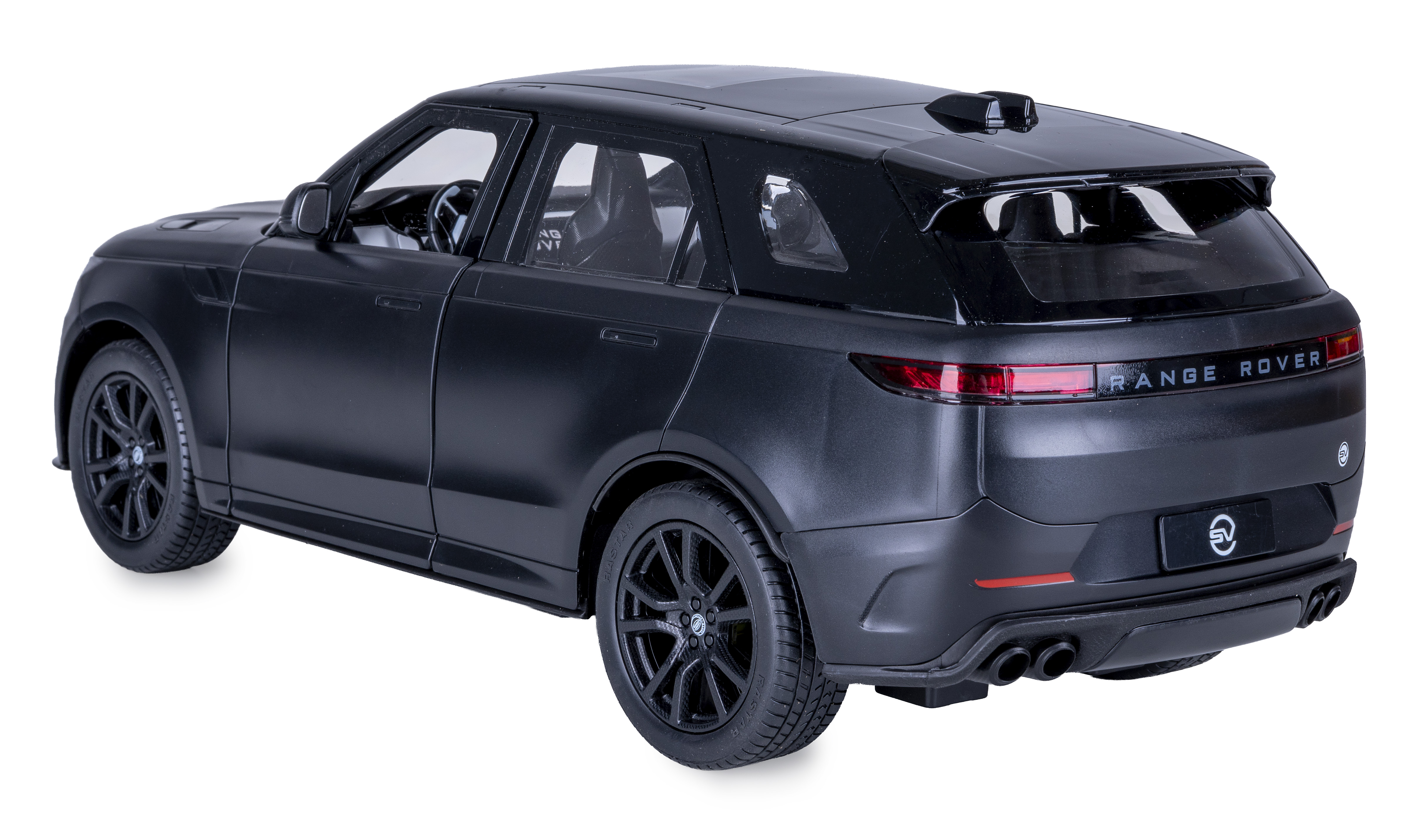 Ein elegantes mattschwarzes Range Rover Spielzeugauto von hinten mit charakteristischen Rädern und Rücklichtern.