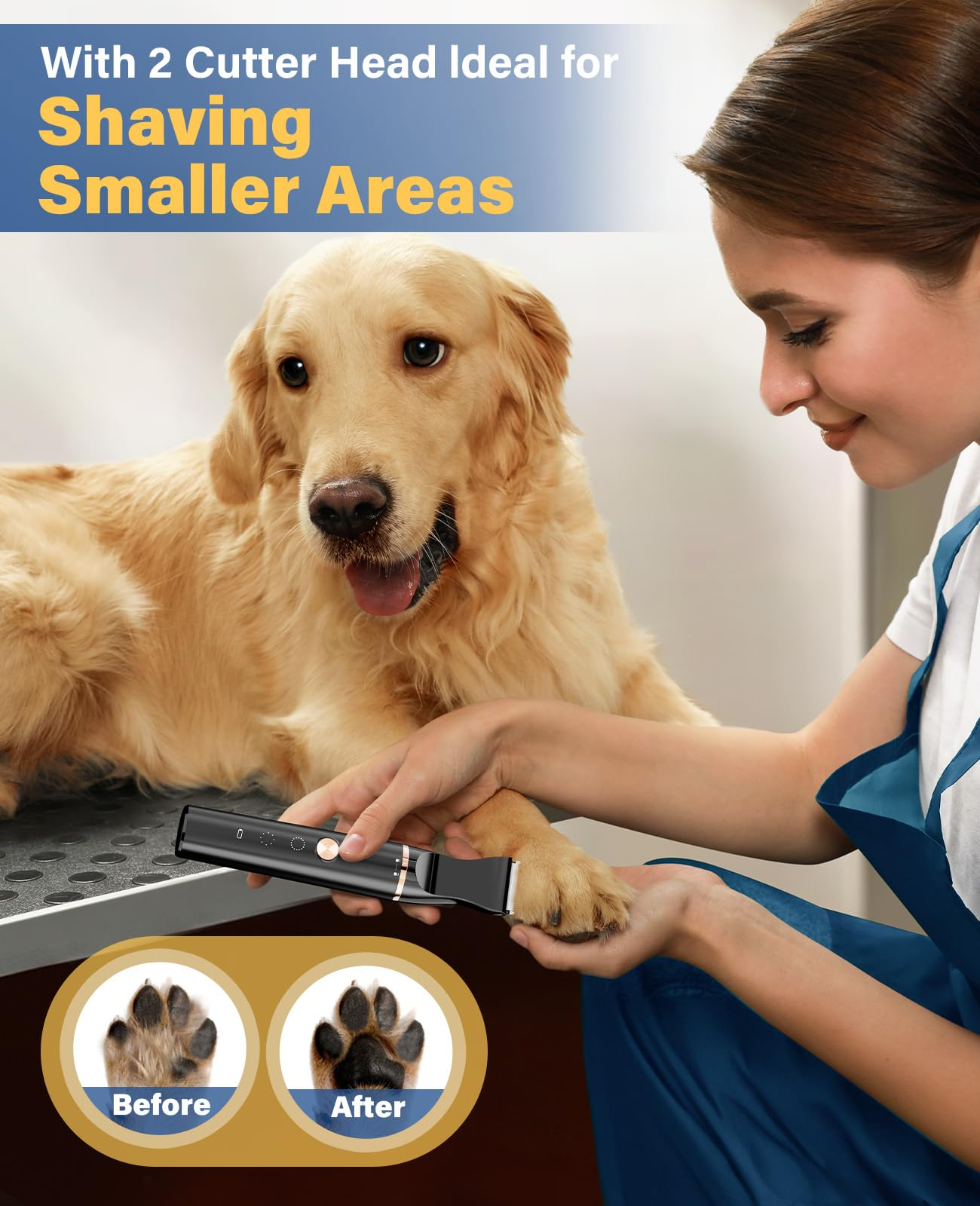 Una donna usa un piccolo rifinitore nero per rasare la zampa di un Golden Retriever.