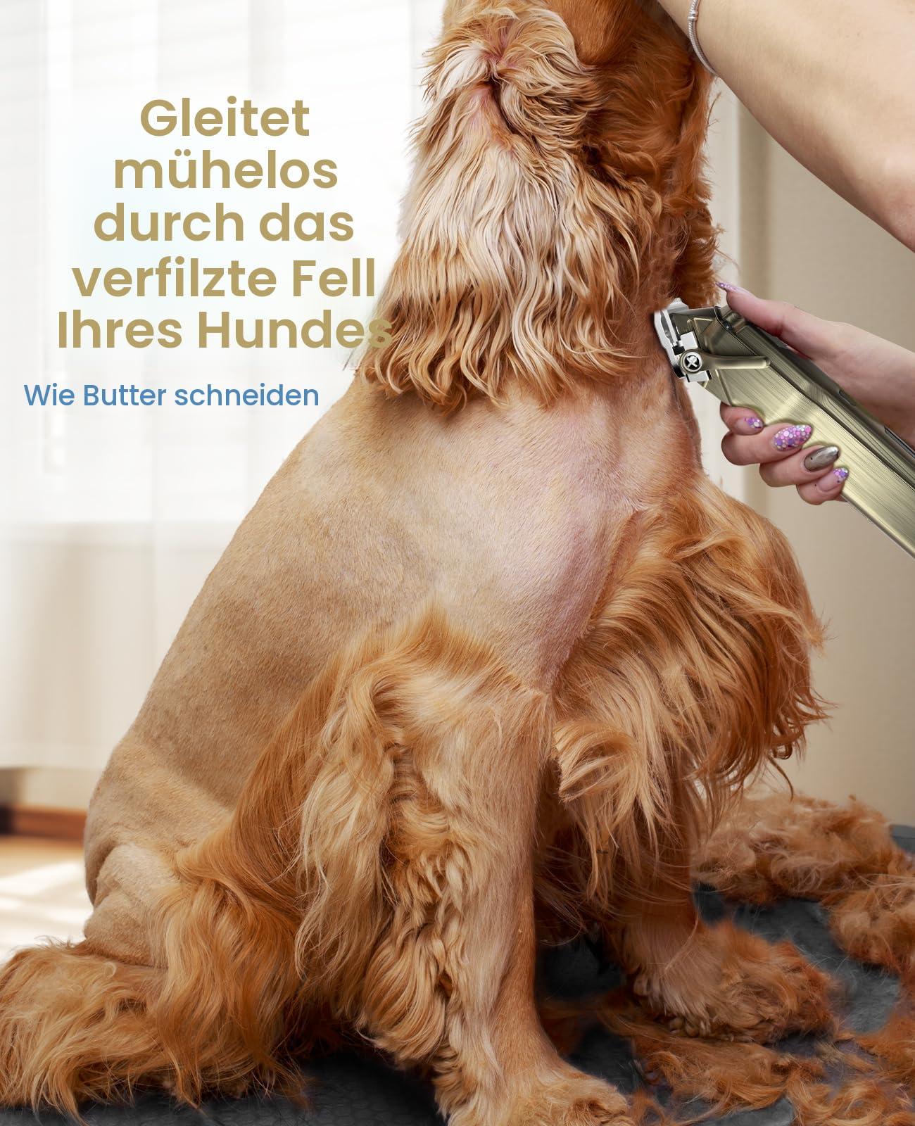 Una persona usa un tagliacapelli elettrico per tosare il pelo di un cane dorato.