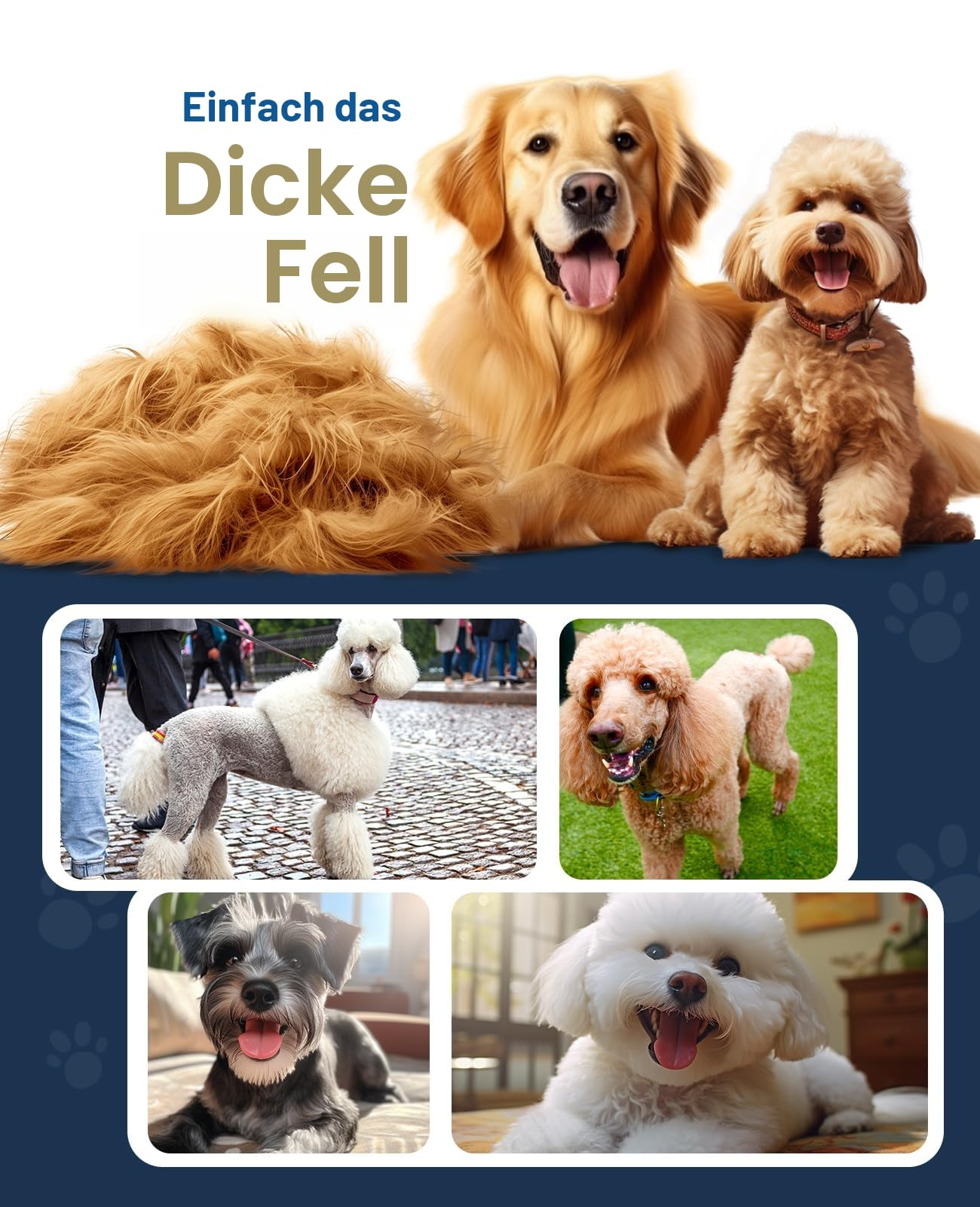 Un poster con cani, pelliccia e testo in tedesco mostra varie razze di cani.
