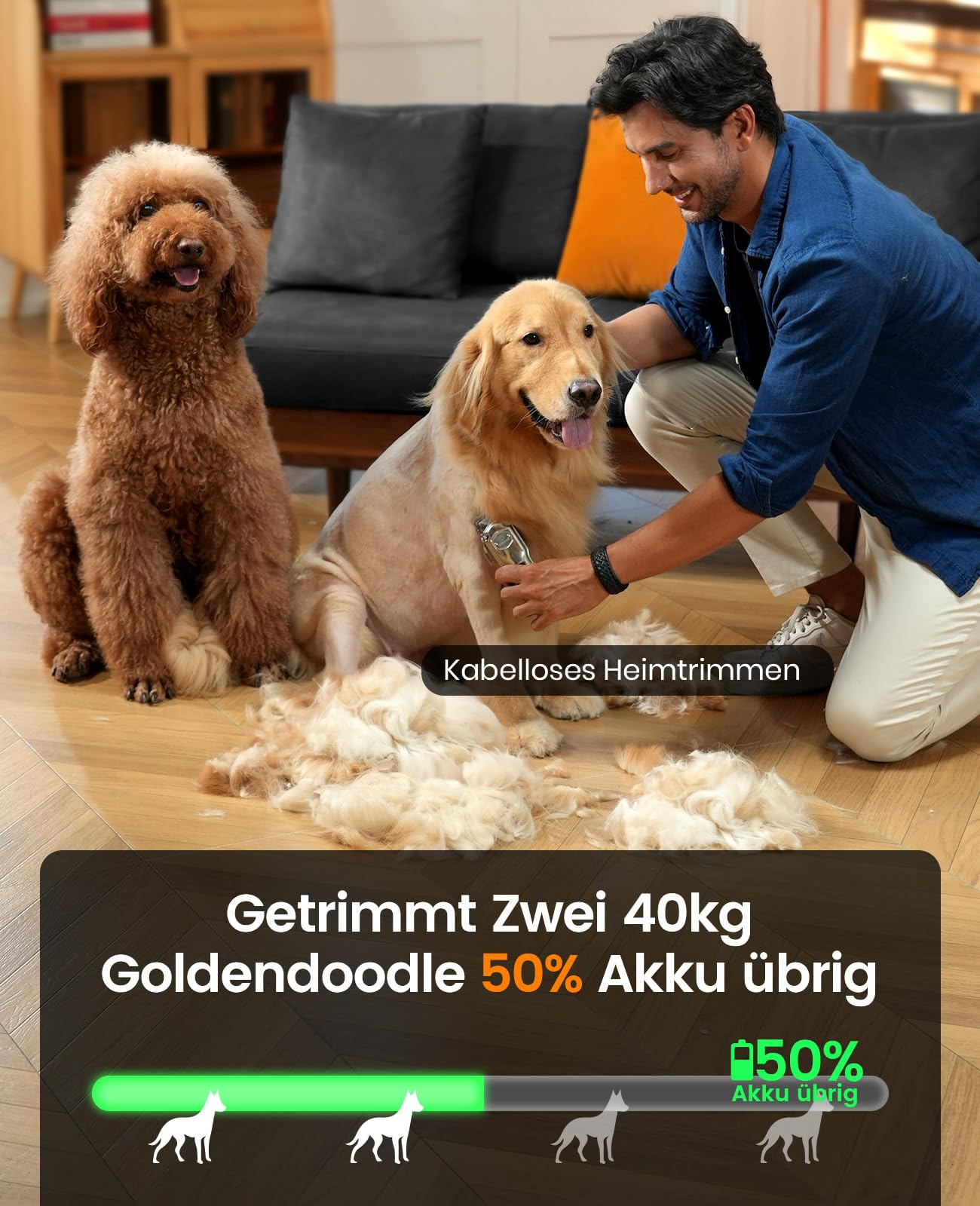 Un uomo taglia il pelo a un golden retriever con un rasoio mentre un barboncino marrone guarda.