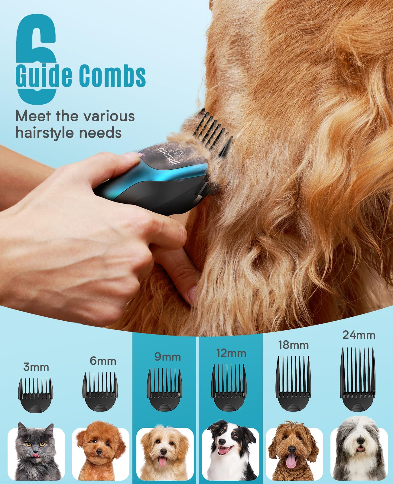 Una mano usa una tosatrice blu per tagliare il pelo di un cane dorato, con sei pettini sotto.