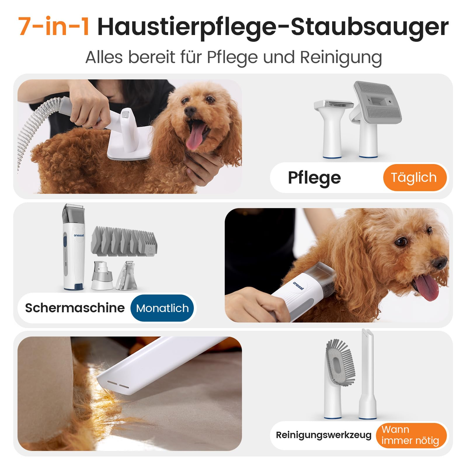 Aspirapolvere pertoe 7 in 1 con vari accessori per spazzolare, tosare e pulire.