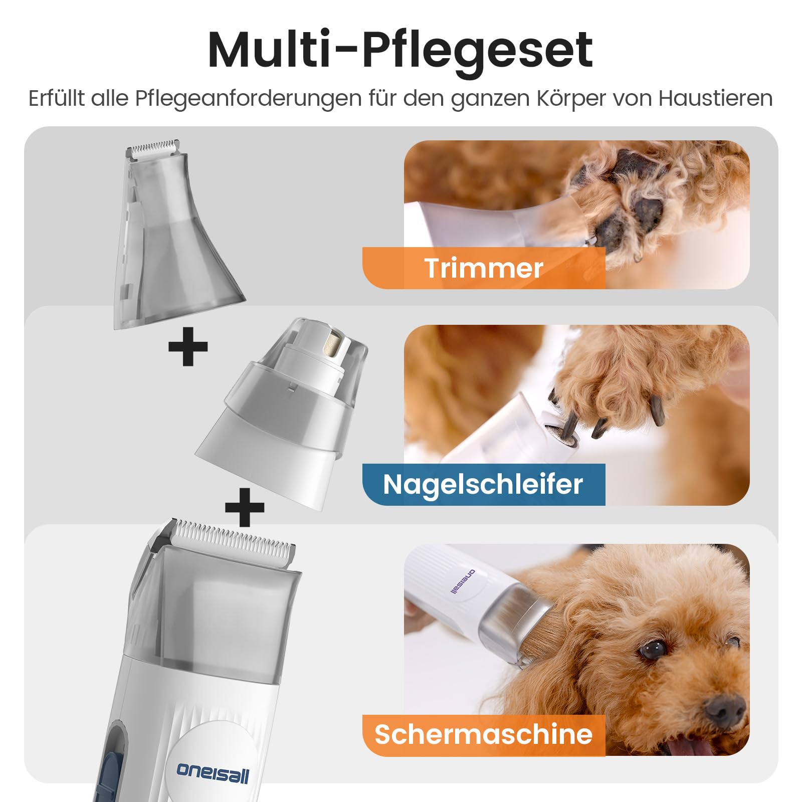Set multi-toelettatura per animali con rifinitore, limaprezzi e tosatrice su un cane.