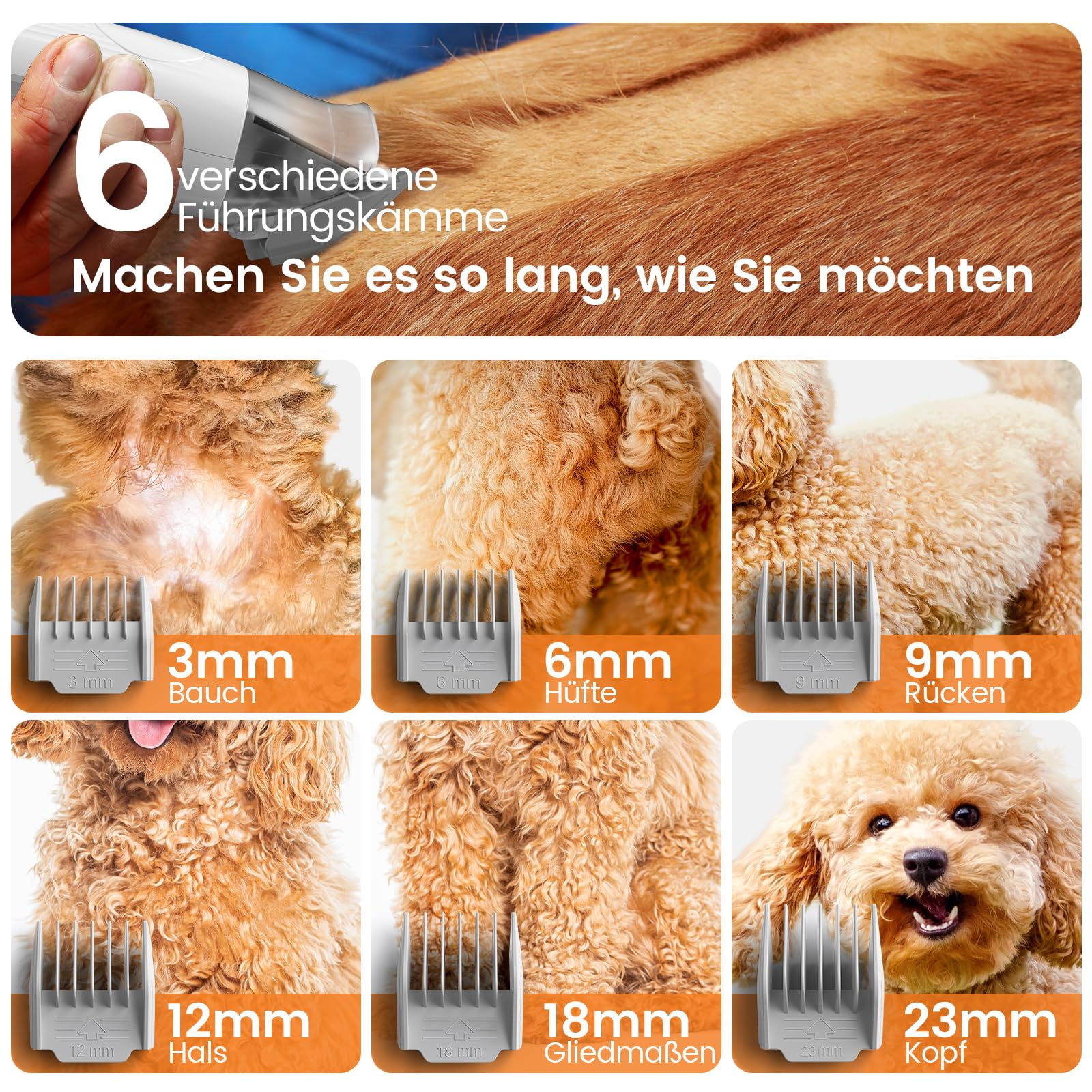 Sei diversi pettini guida per tosatrici per cani, da 3mm a 23mm, con etichette in tedesco per varie parti.