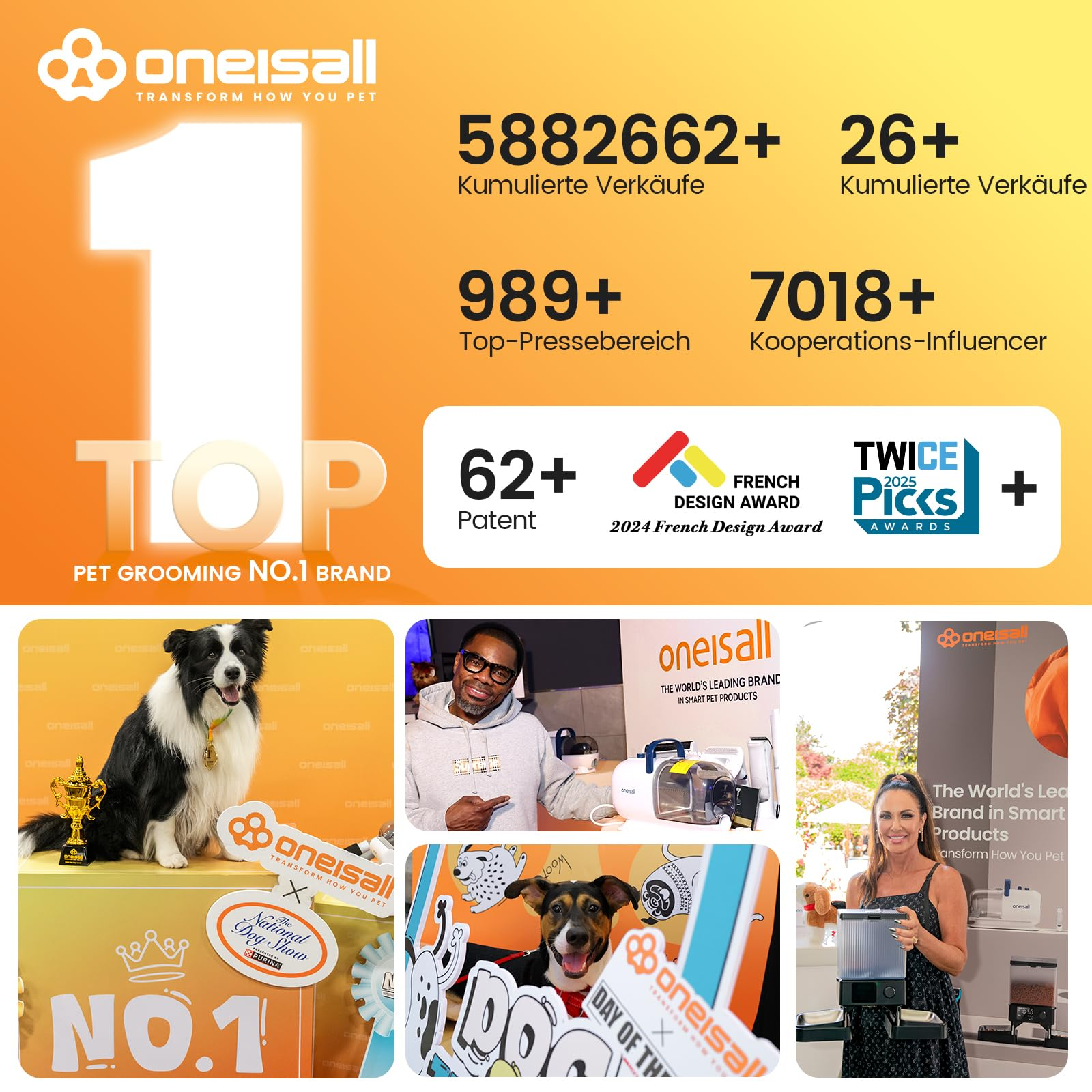 Statistiche, logo del marchio e immagini di cani e influencer con prodotti Oneisall.