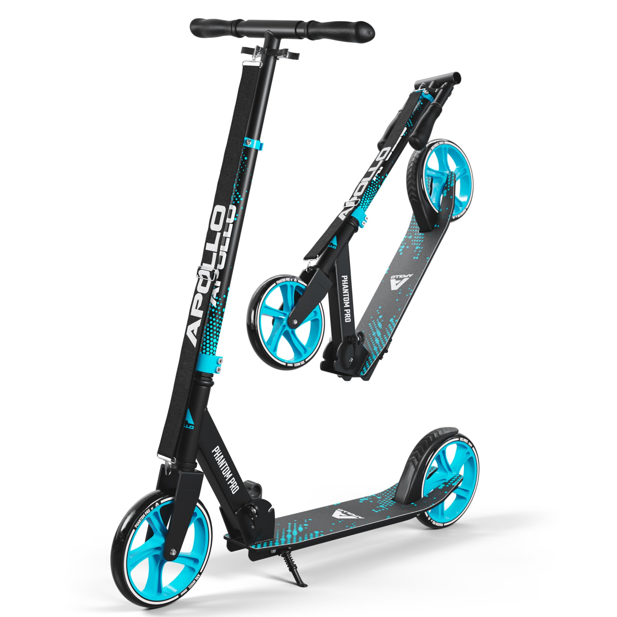 Une trottinette Apollo Phantom Pro noire et bleue, représentée dépliée et pliée.
