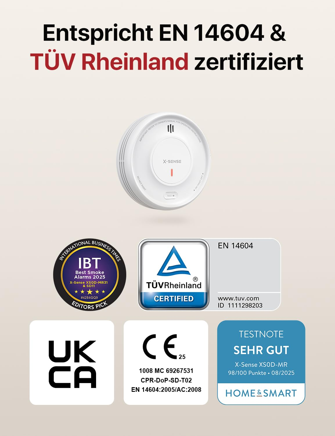 Rilevatore di fumo bianco X-Sense con certificazioni EN 14604, TÜV Rheinland, UKCA e CE.