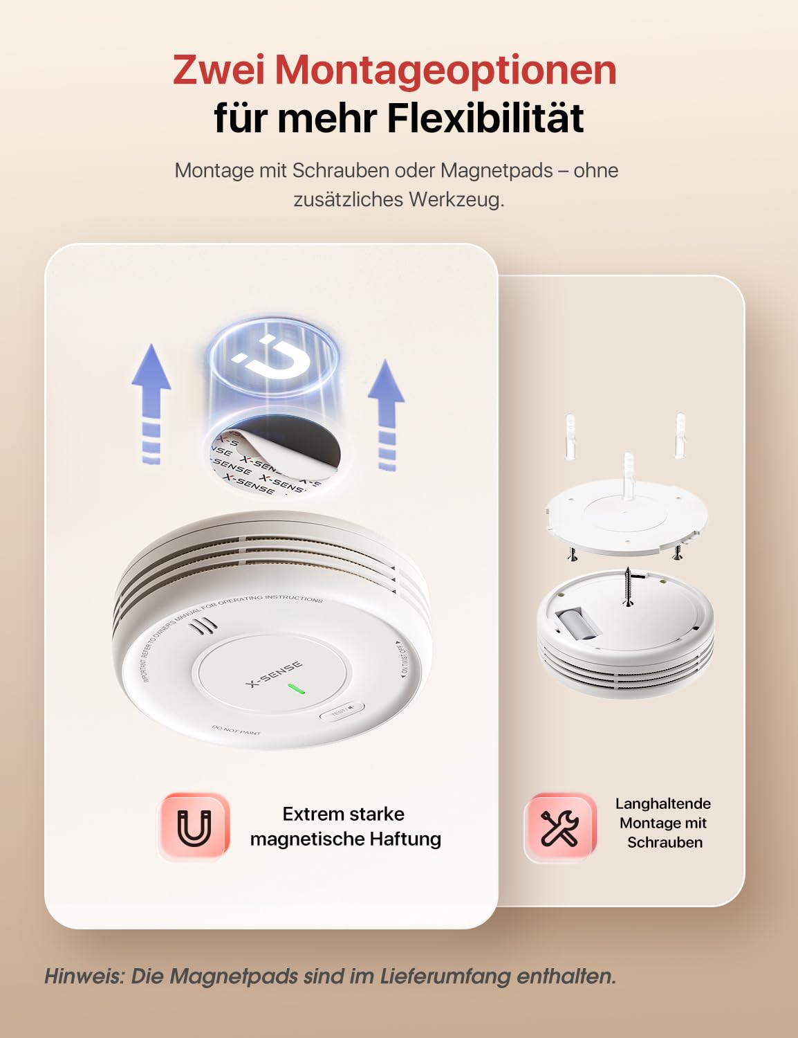 Infografica che mostra due metodi di installazione per un rilevatore di fumo: magnetico e con viti.