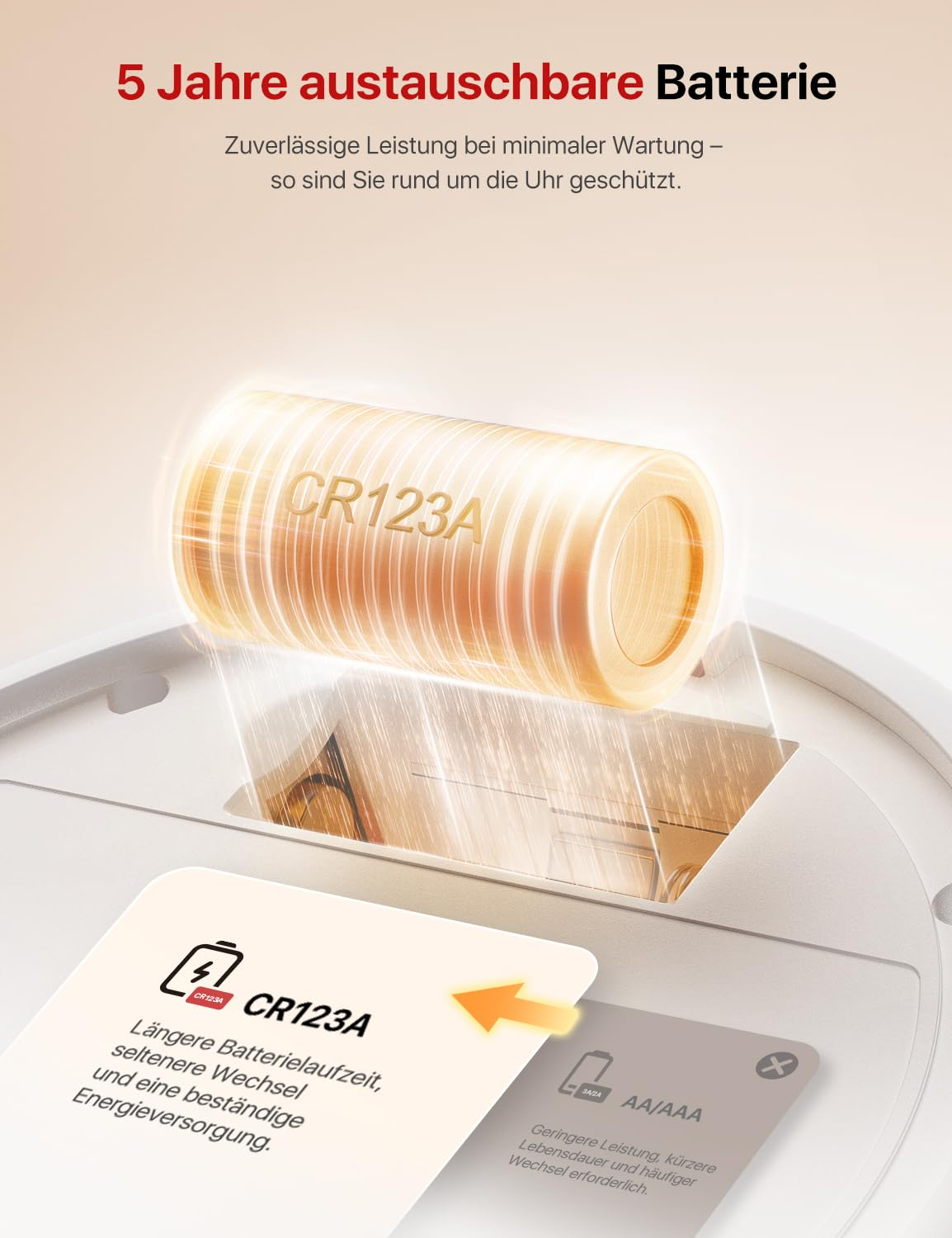 Una batteria dorata CR123A flotta sopra un vano batteria, con testo promozionale.