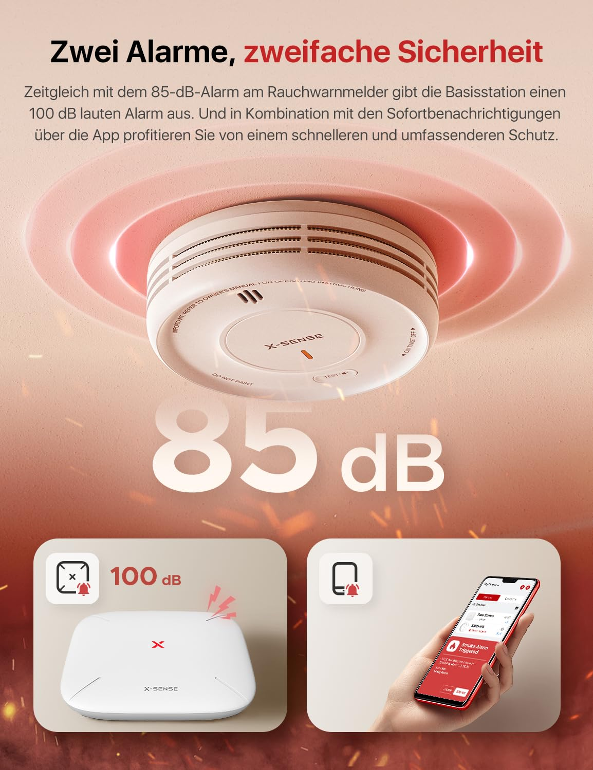 Rilevatore di fumo a soffitto, stazione base da 100 dB e smartphone con notifica dell'app.