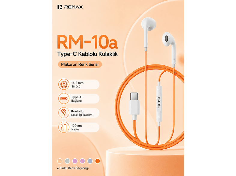 REMAX 14.2 mm Sürücülü Mikrofonlu - Type-C RM-10A Kablolu Kulak İçi Kulaklık Turuncu