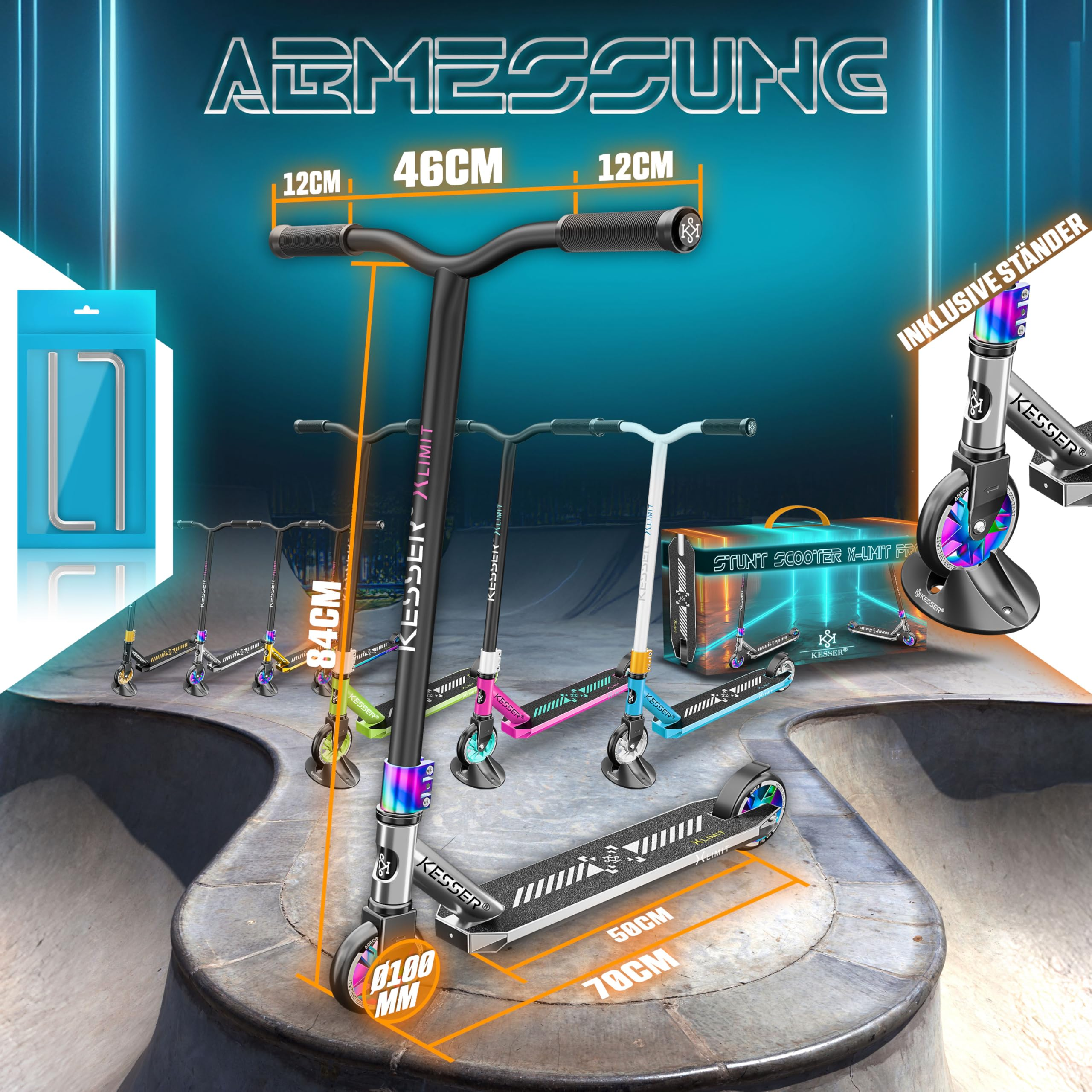 Stunt-Scooter mit Maßangaben auf einer Rampe, umgeben von verschiedenen Farbvarianten, Verpackung und Ständer.