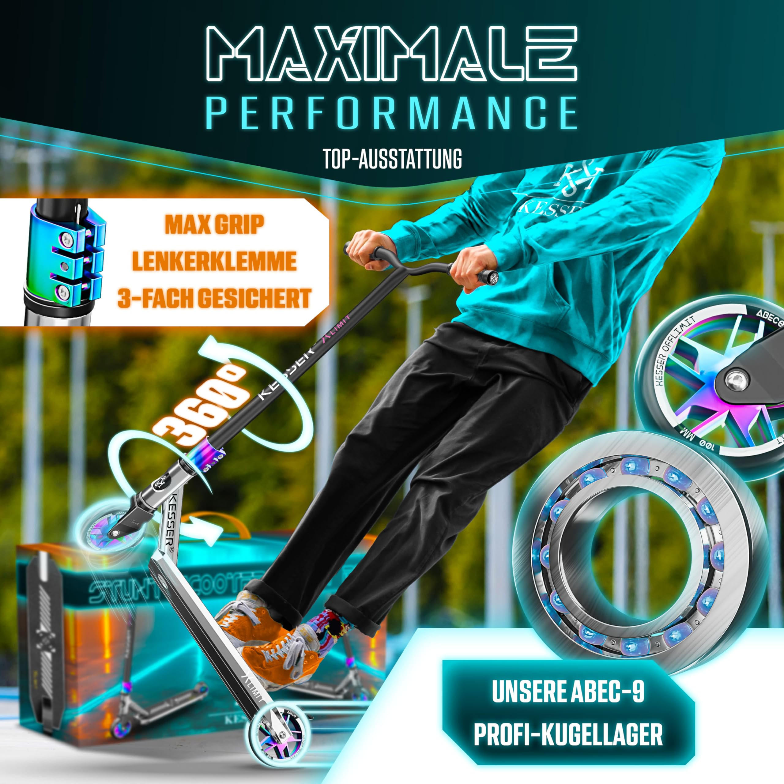 Jugendlicher fährt einen Stunt-Scooter, hervorgehoben sind Klemme, Kugellager und Rolle.