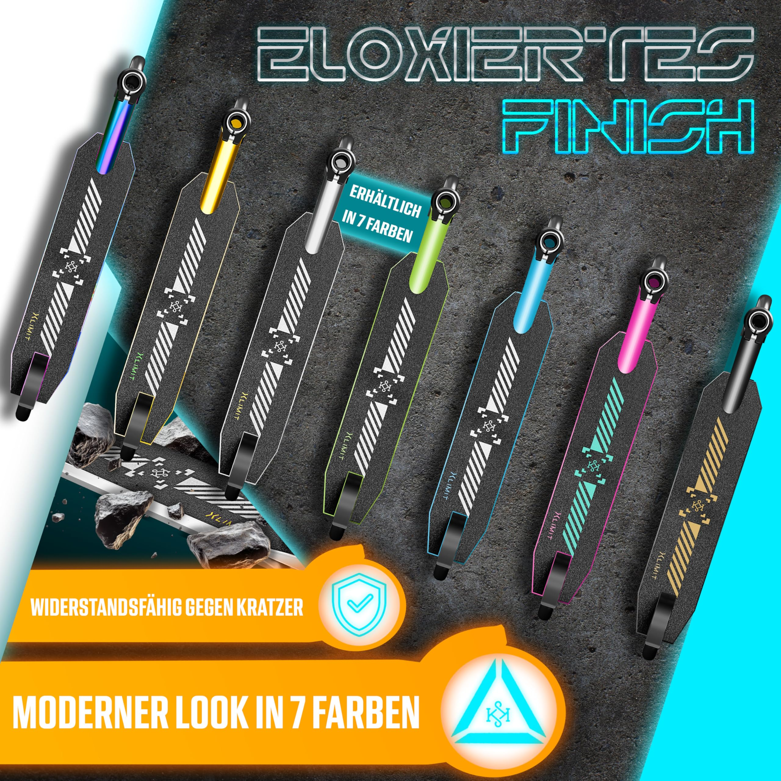 Sieben Scooter-Decks in verschiedenen Farben auf dunklem Grund mit Text zu Kratzern und sieben Farben.