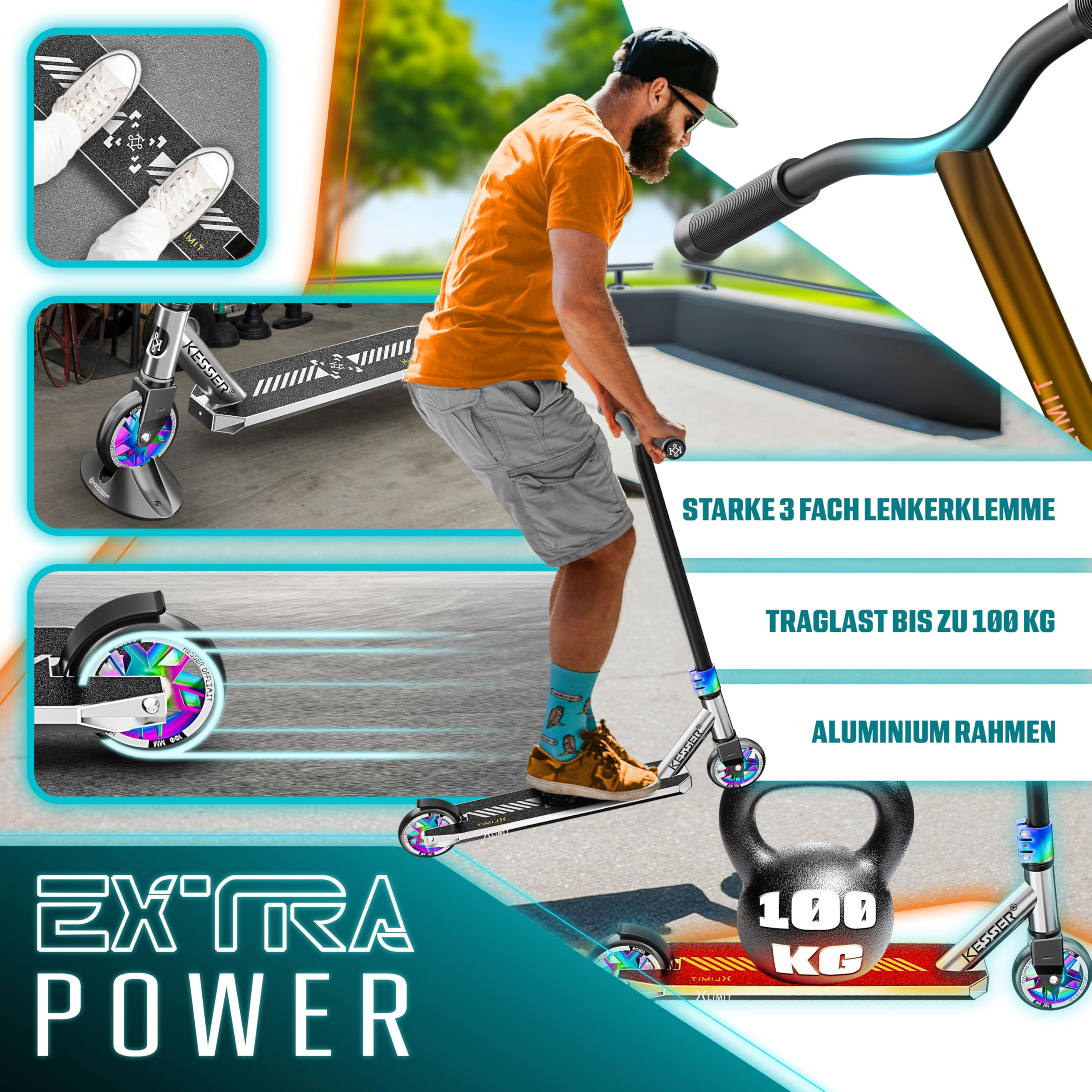 Ein Mann fährt Stuntscooter, mit Detailbildern, 100 kg Gewicht und Textmerkmalen.