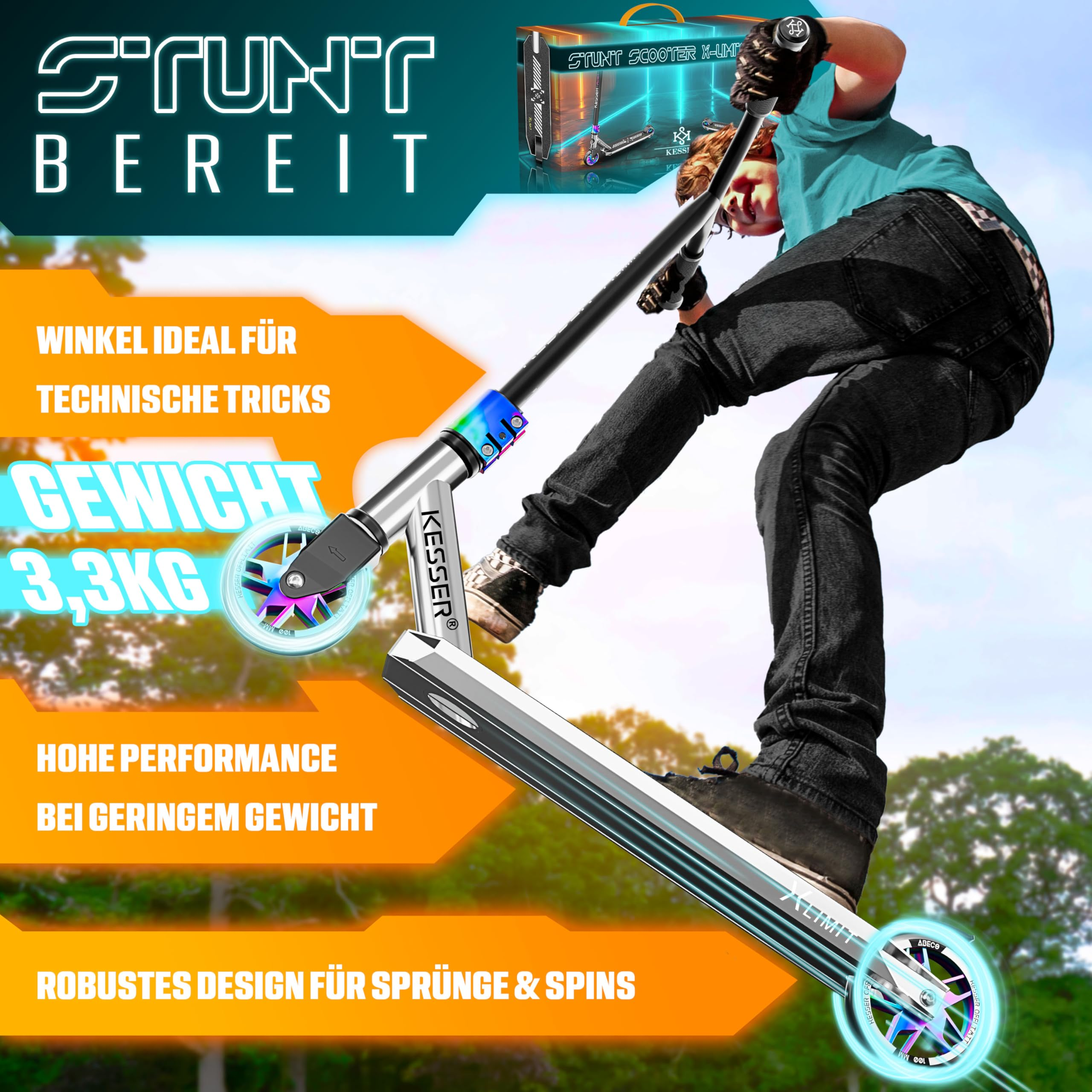Ein Junge springt in den Himmel und fährt einen Stunt-Scooter mit bunten Akzenten und Werbetexten.
