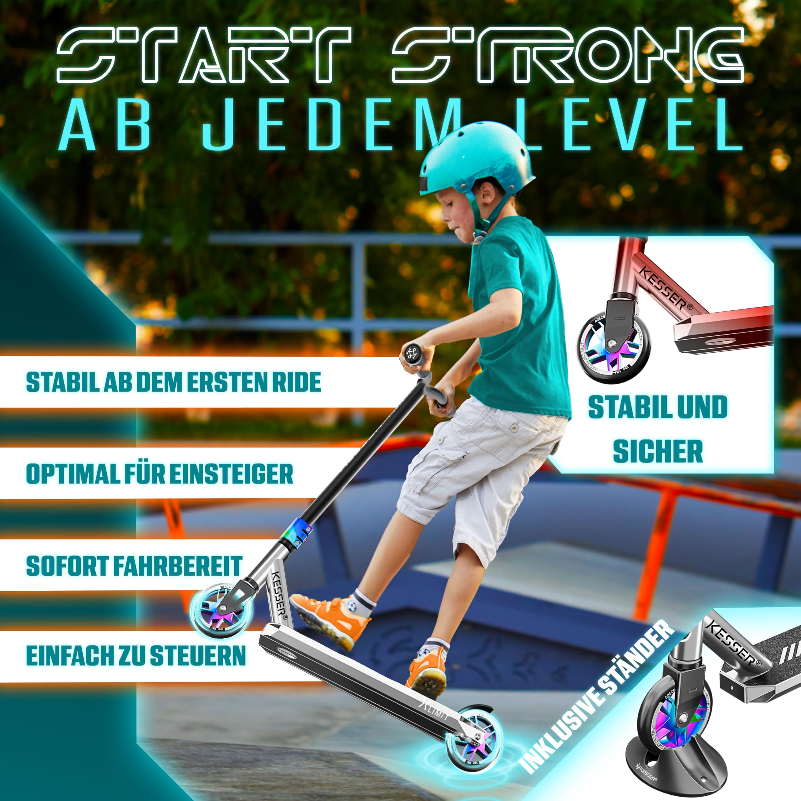 Ein Kind mit blauem Helm und T-Shirt fährt draußen Roller, mit Werbetext und Ausschnittbildern.