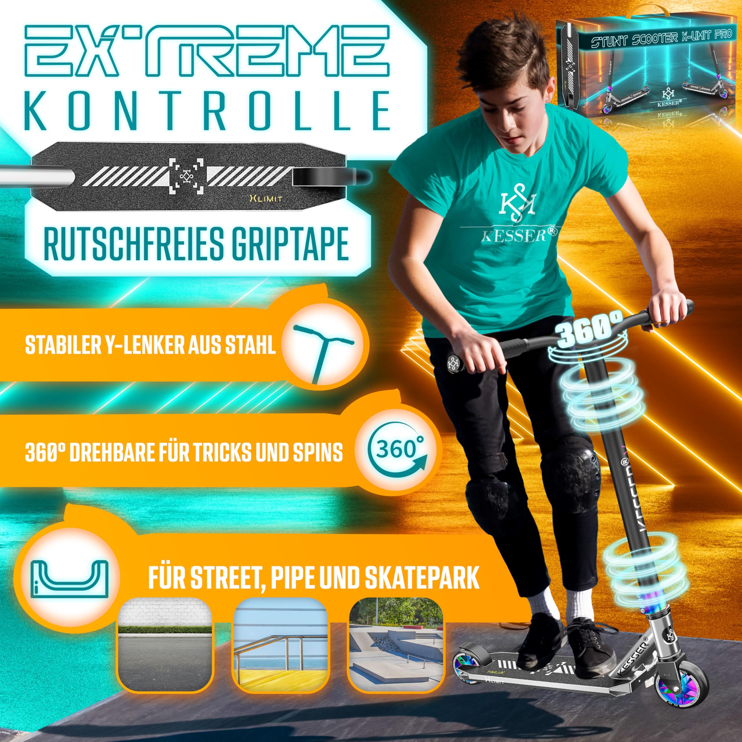 Ein Junge fährt einen Stunt-Scooter auf einer Rampe, umgeben von Produktinfos.