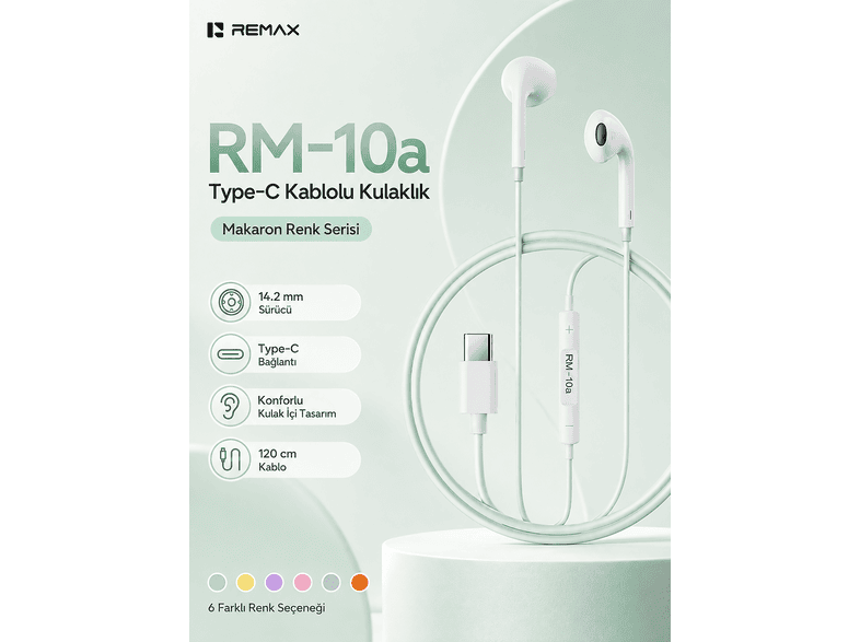 REMAX 14.2 mm Sürücülü Mikrofonlu - Type-C RM-10A Kablolu Kulak İçi Kulaklık Yeşil
