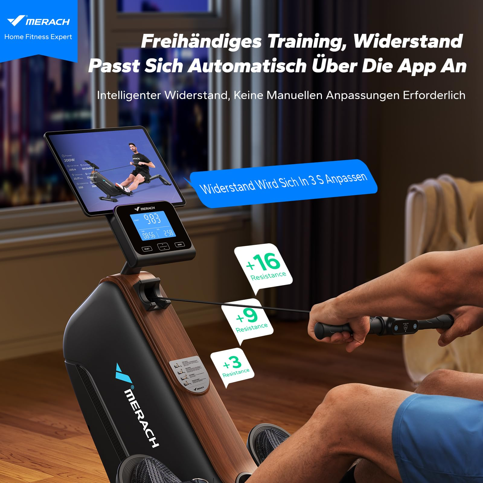 Ein Mann nutzt ein hölzernes Rudergerät mit App-Steuerung und digitalem Display.