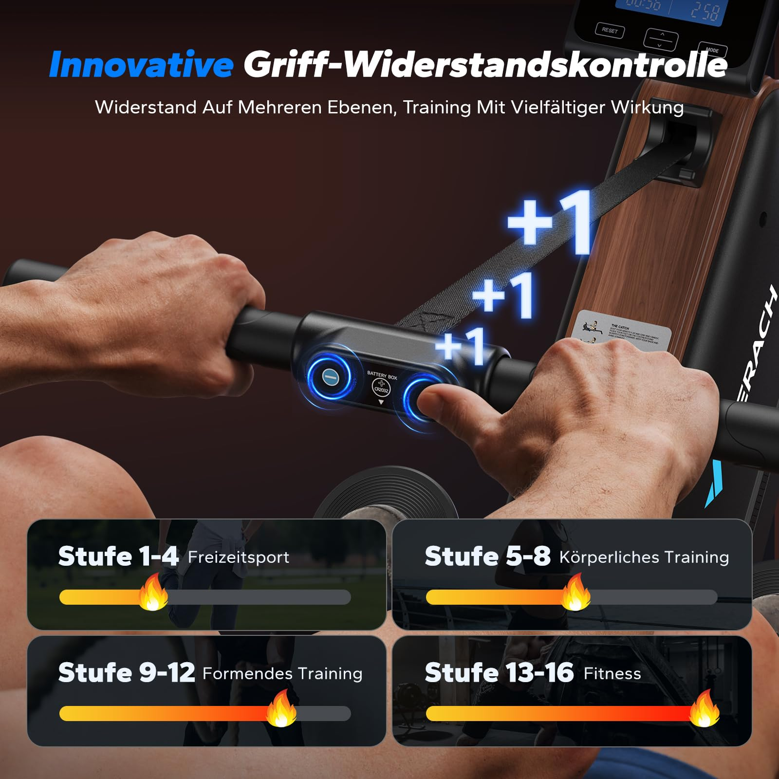 Person bedient die Griff-Widerstandskontrolle eines Rudergeräts mit verschiedenen Leistungsstufen.