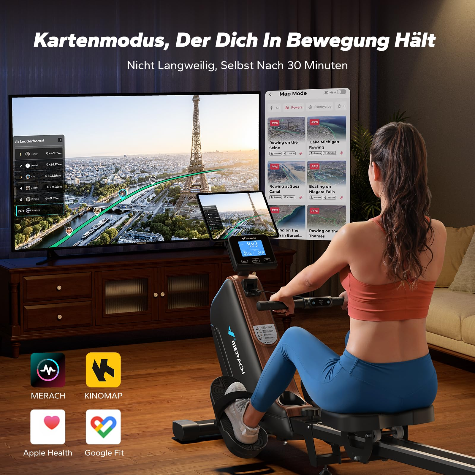Eine Frau trainiert zu Hause auf einem Rudergerät und schaut dabei auf einen großen Fernseher und ein Tablet.