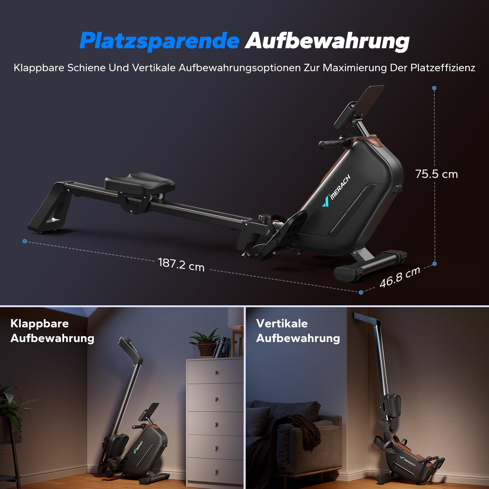 Merach Rudergerät mit Maßen und zwei Bildern für faltbare und vertikale Aufbewahrung.