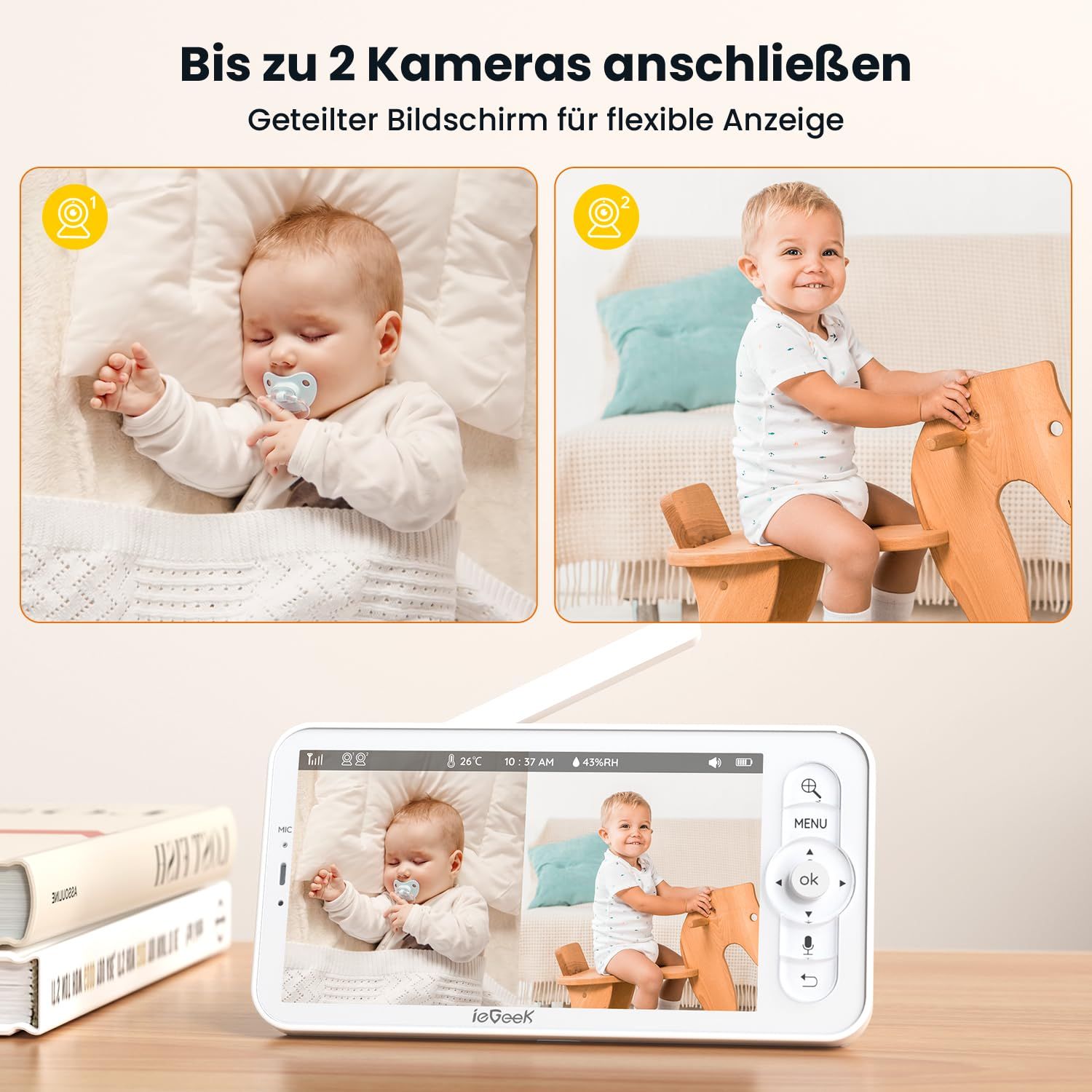 Un babyphone affiche deux vues divisées montrant un bébé qui dort et un autre qui joue.
