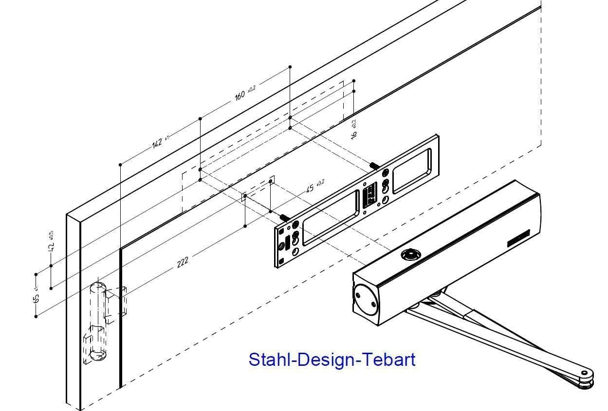 Technische Zeichnung einer Stahl-Design-Tebart Montage mit Bemaßungen für einen Türschließer.