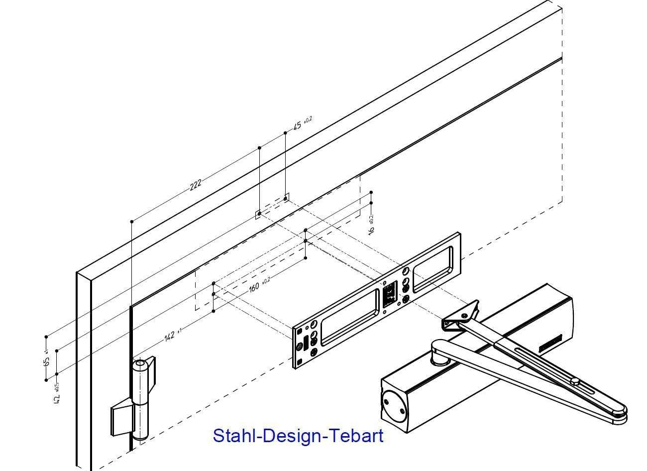 Technische Zeichnung mit Montagemaßen für Türband und Schließer von Stahl-Design-Tebart.