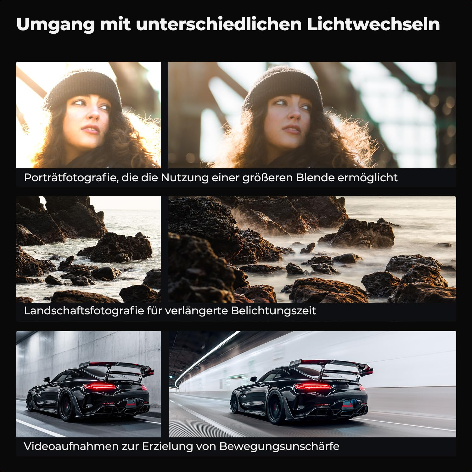 Vergleichsbilder mit Beispielen für Porträt, Landschaft und Autos bei unterschiedlichen Lichtverhältnissen.