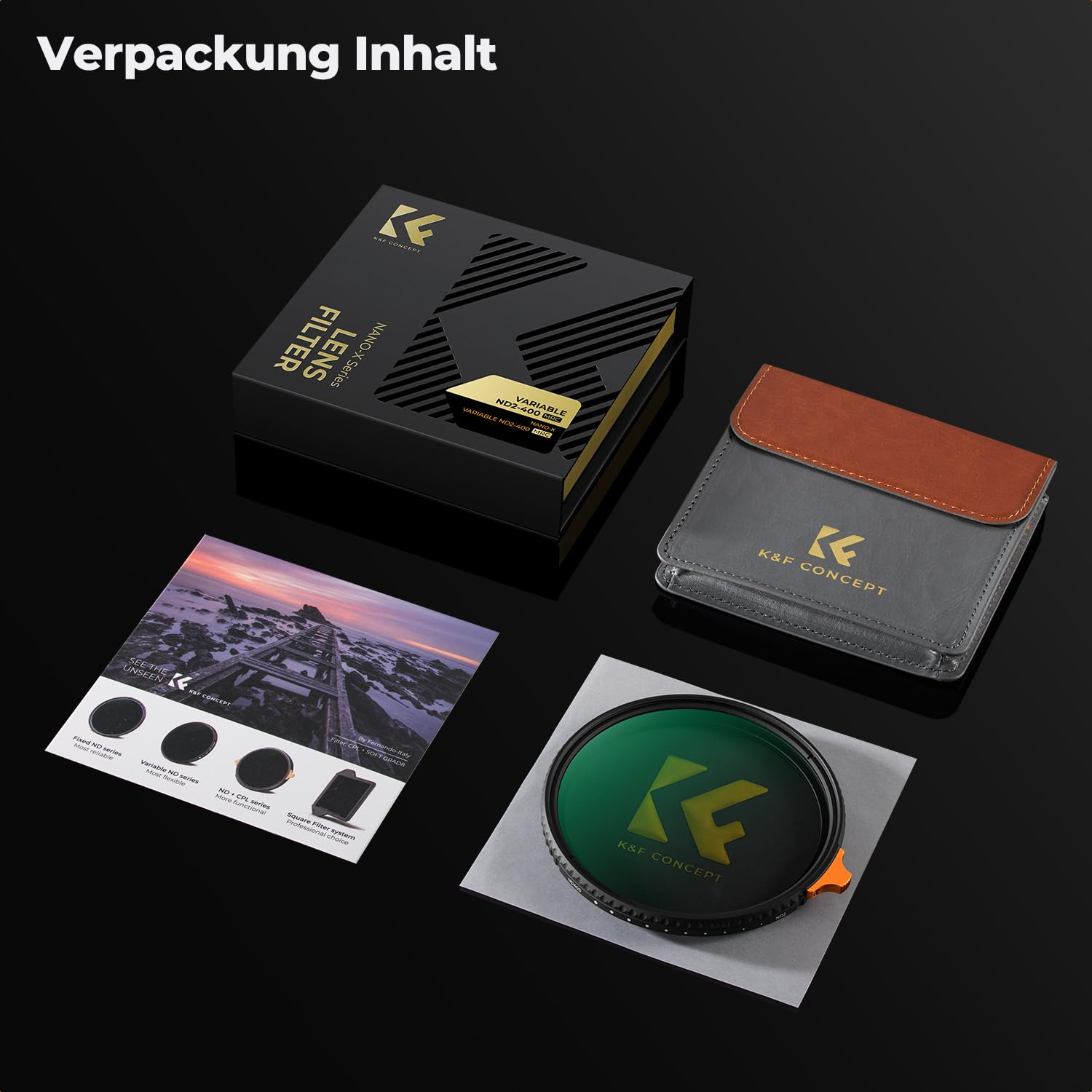 Verpackungsinhalt mit schwarzer Box, Ledertasche, Filter und Infoblatt auf dunklem Grund.