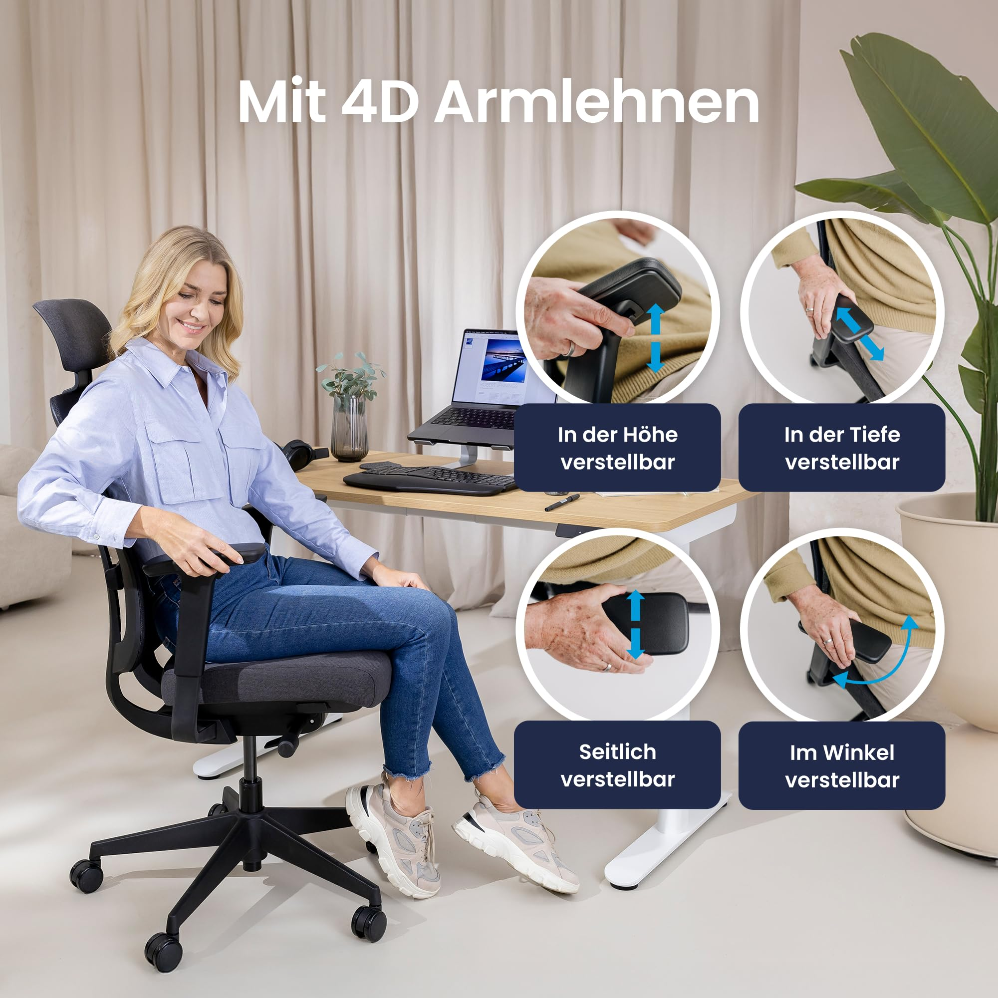 Une femme est assise sur une chaise de bureau noire, montrant des encarts sur les accoudoirs 4D.