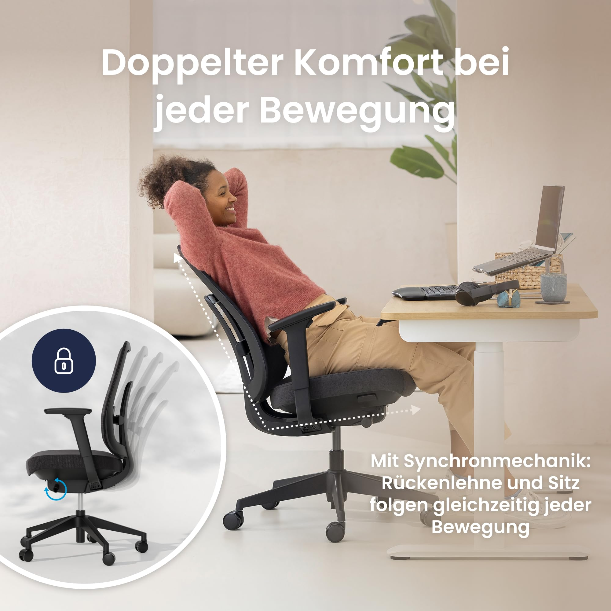 Une femme se détend dans un fauteuil de bureau ergonomique à mécanisme synchrone.
