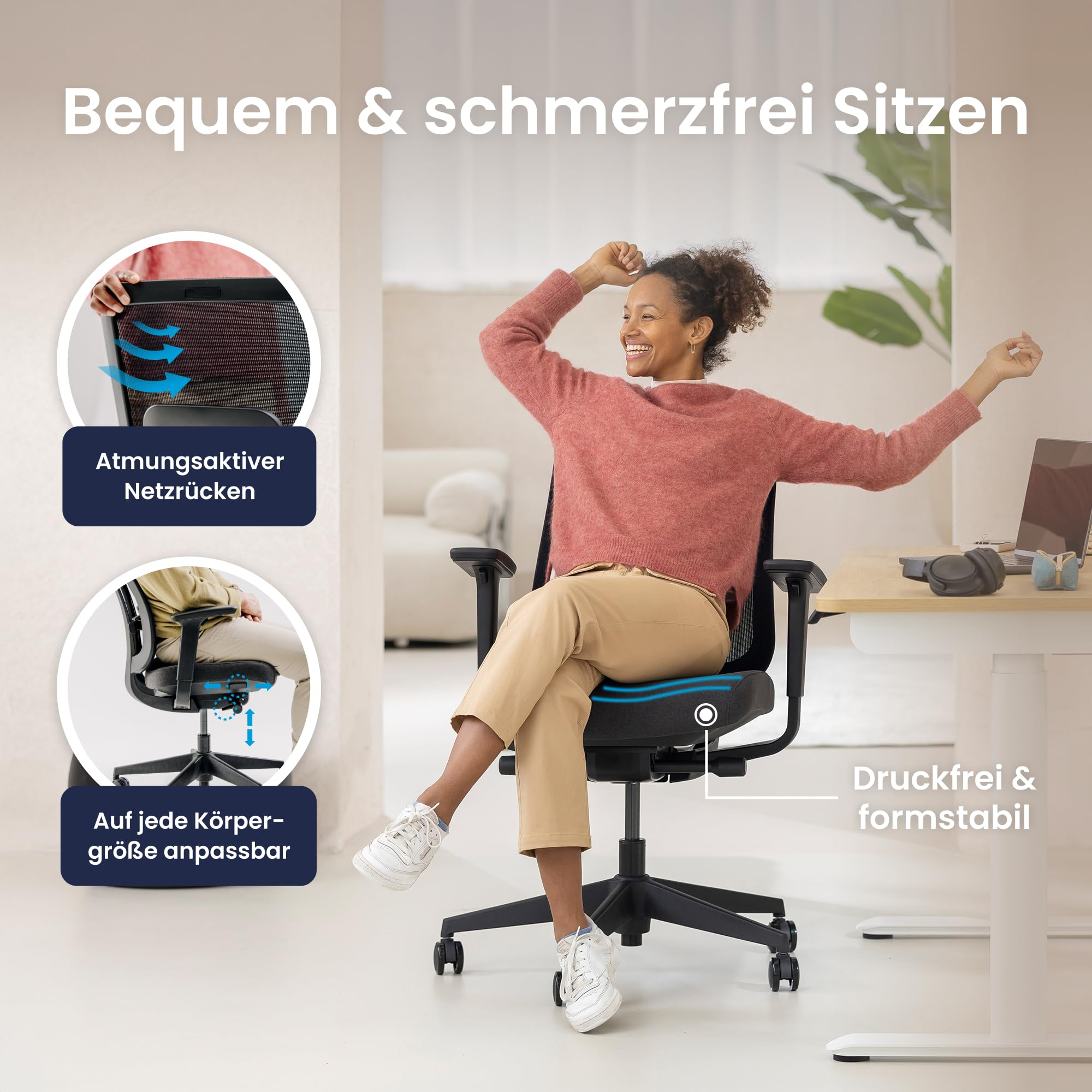 Une femme est assise détendue sur une chaise de bureau ergonomique.